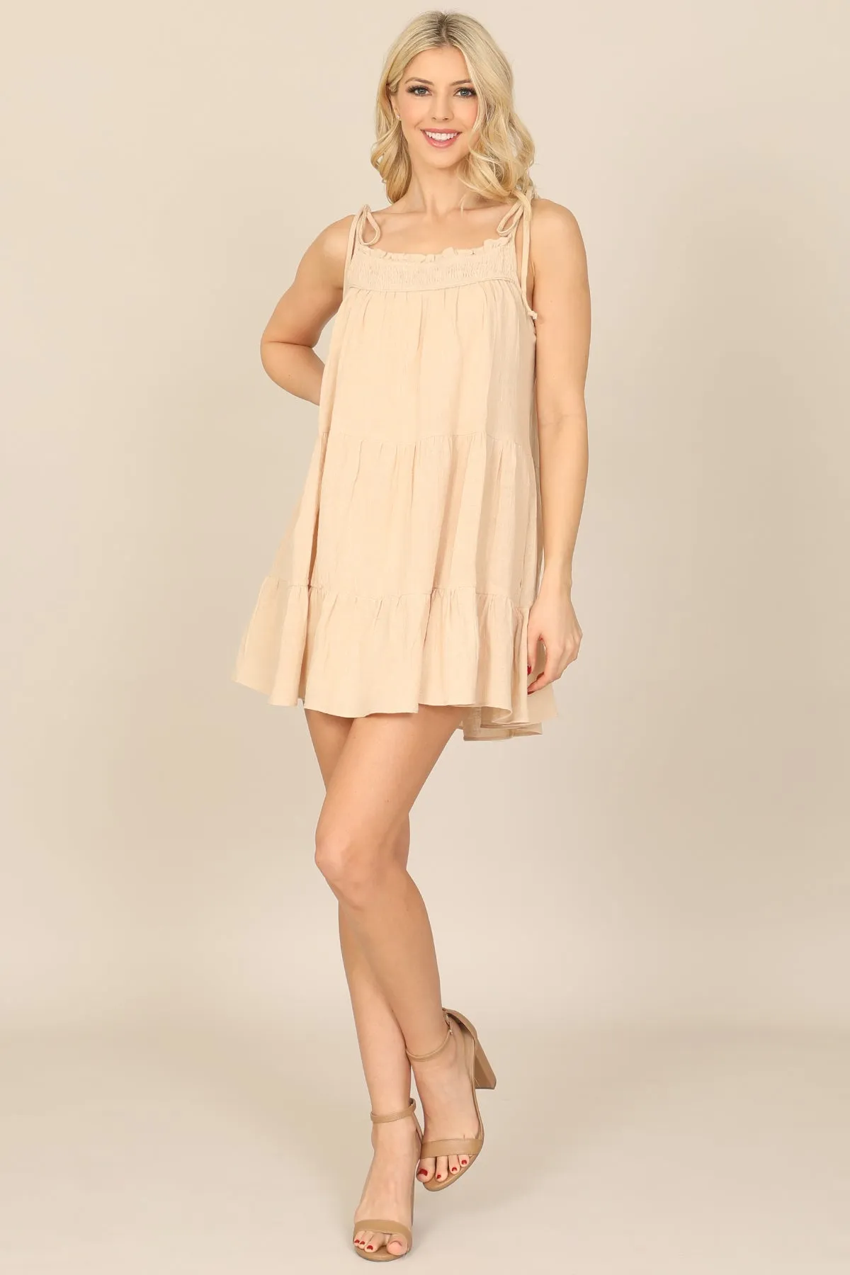 TIE STRAP SMOCKED RUFFLE NECK TIERED SOLID MINI DRESS