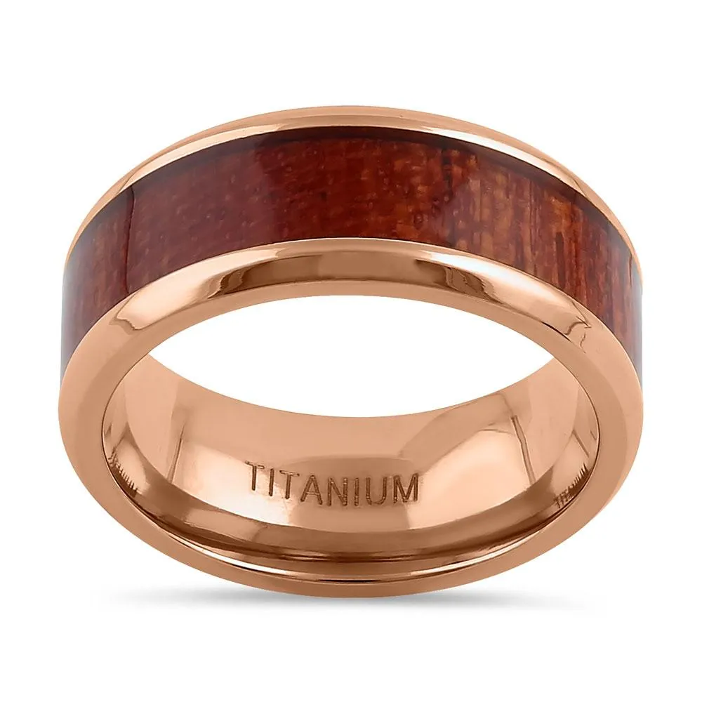 Titanium Rose Gold and Bubinga Wood 8mm Band Ring
