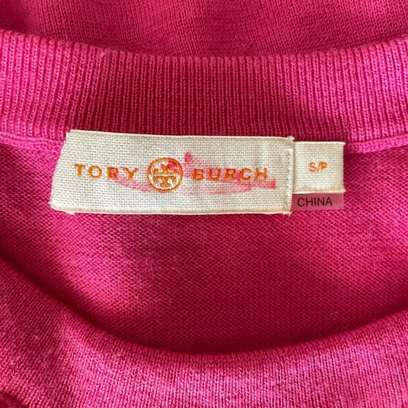 Tory Burch Silk Merino Wool Floral Cloque Front Crazy Pink Sweater Size Small