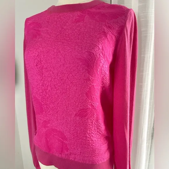 Tory Burch Silk Merino Wool Floral Cloque Front Crazy Pink Sweater Size Small