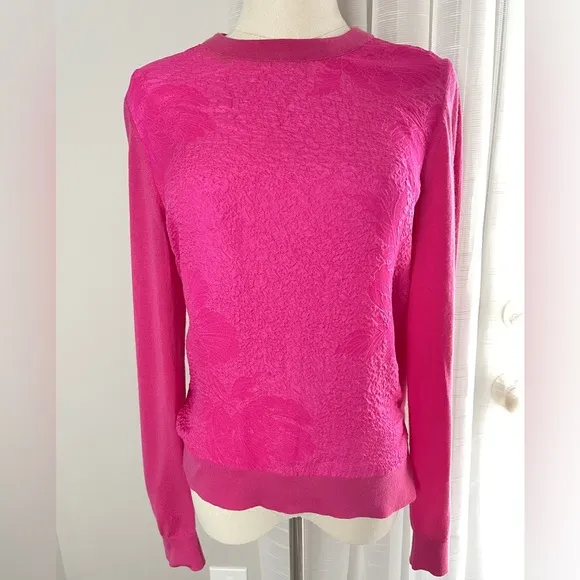 Tory Burch Silk Merino Wool Floral Cloque Front Crazy Pink Sweater Size Small