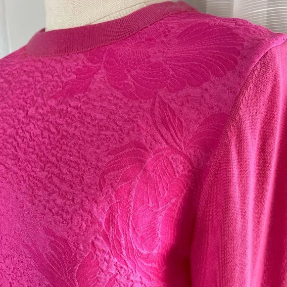 Tory Burch Silk Merino Wool Floral Cloque Front Crazy Pink Sweater Size Small