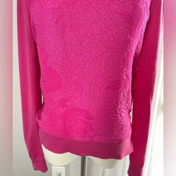 Tory Burch Silk Merino Wool Floral Cloque Front Crazy Pink Sweater Size Small