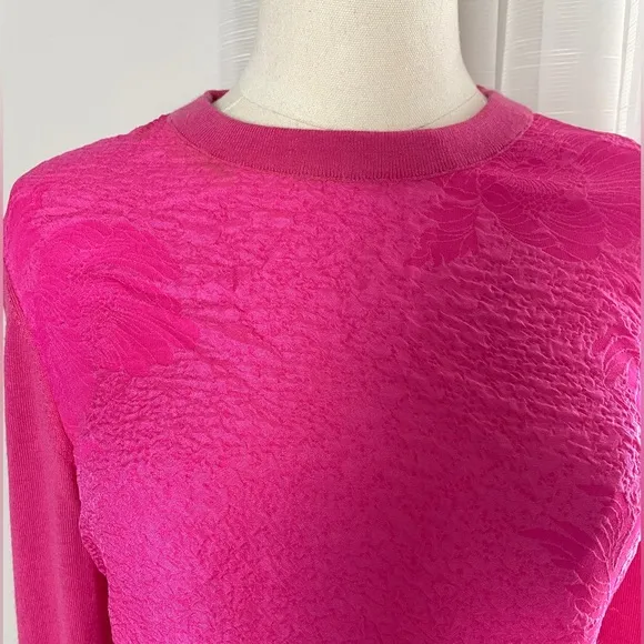 Tory Burch Silk Merino Wool Floral Cloque Front Crazy Pink Sweater Size Small