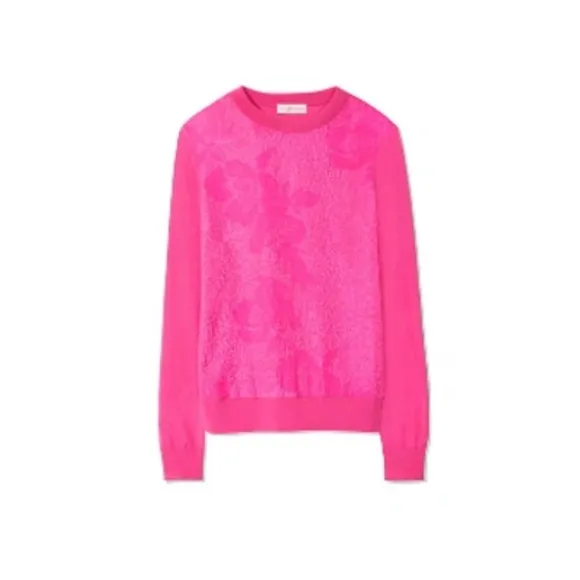 Tory Burch Silk Merino Wool Floral Cloque Front Crazy Pink Sweater Size Small