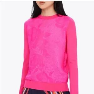 Tory Burch Silk Merino Wool Floral Cloque Front Crazy Pink Sweater Size Small