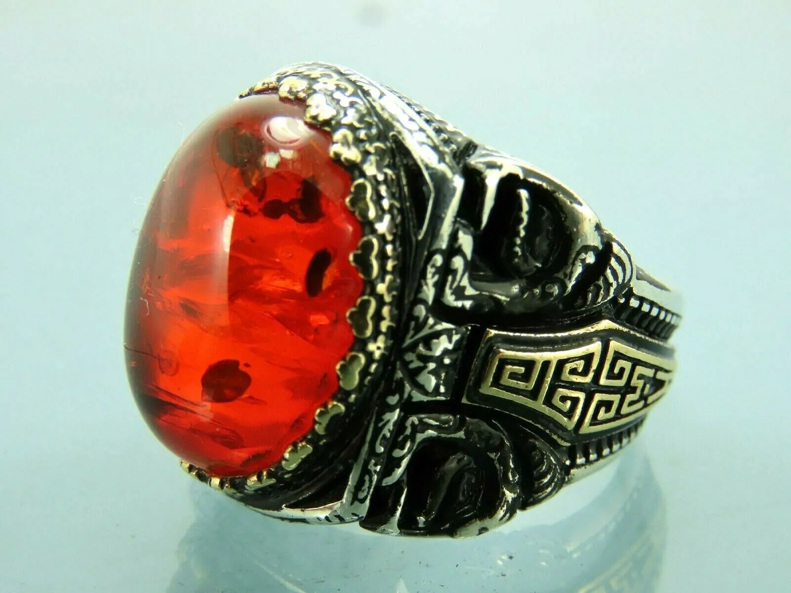 Turkish Handmade Jewelry 925 Sterling Silver Amber Stone Byzantium Mens Rings
