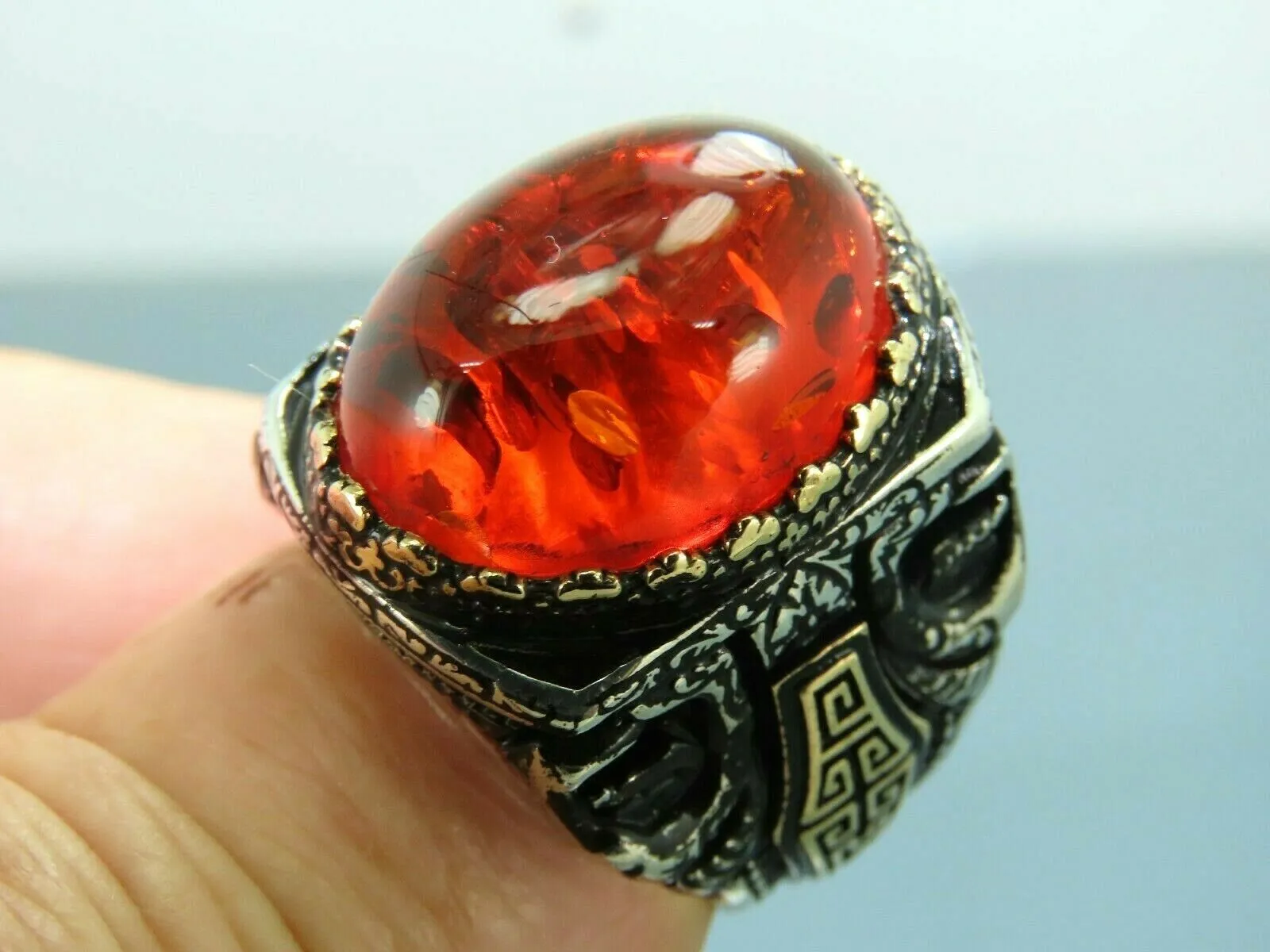 Turkish Handmade Jewelry 925 Sterling Silver Amber Stone Byzantium Mens Rings