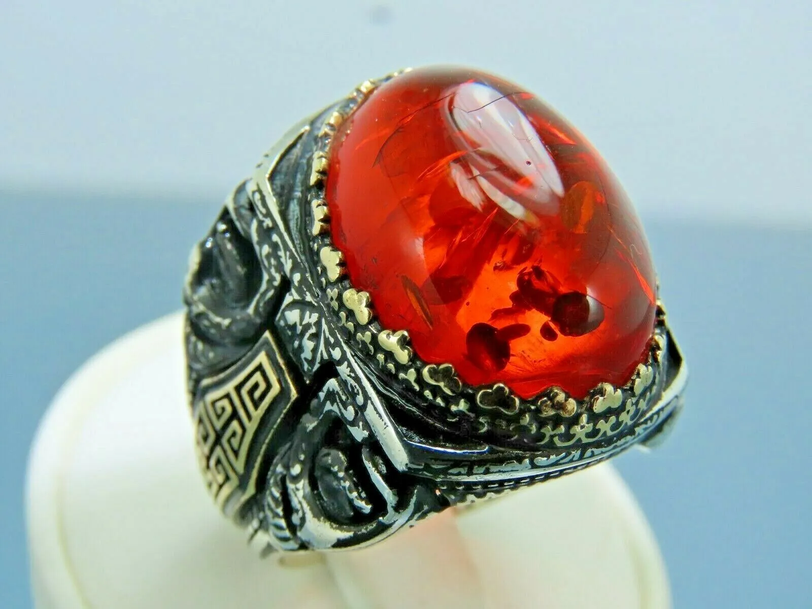 Turkish Handmade Jewelry 925 Sterling Silver Amber Stone Byzantium Mens Rings