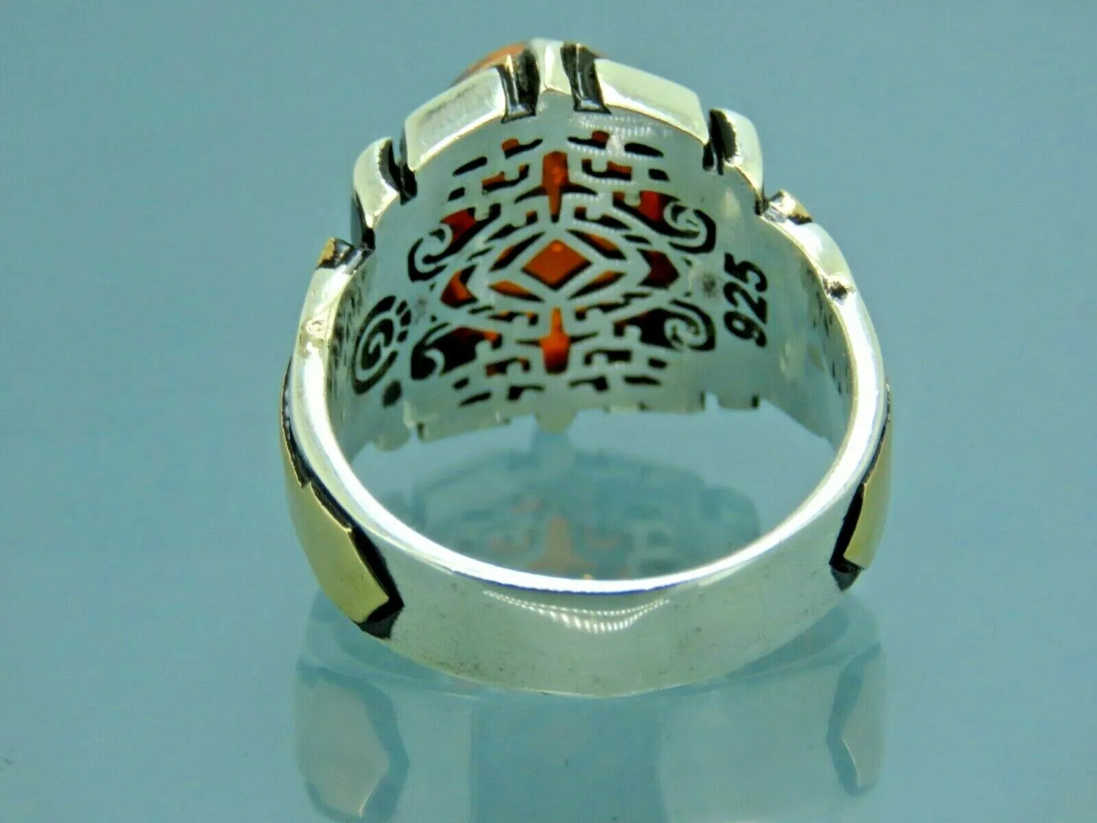 Turkish Handmade Jewelry 925 Sterling Silver Amber Stone Mens Rings