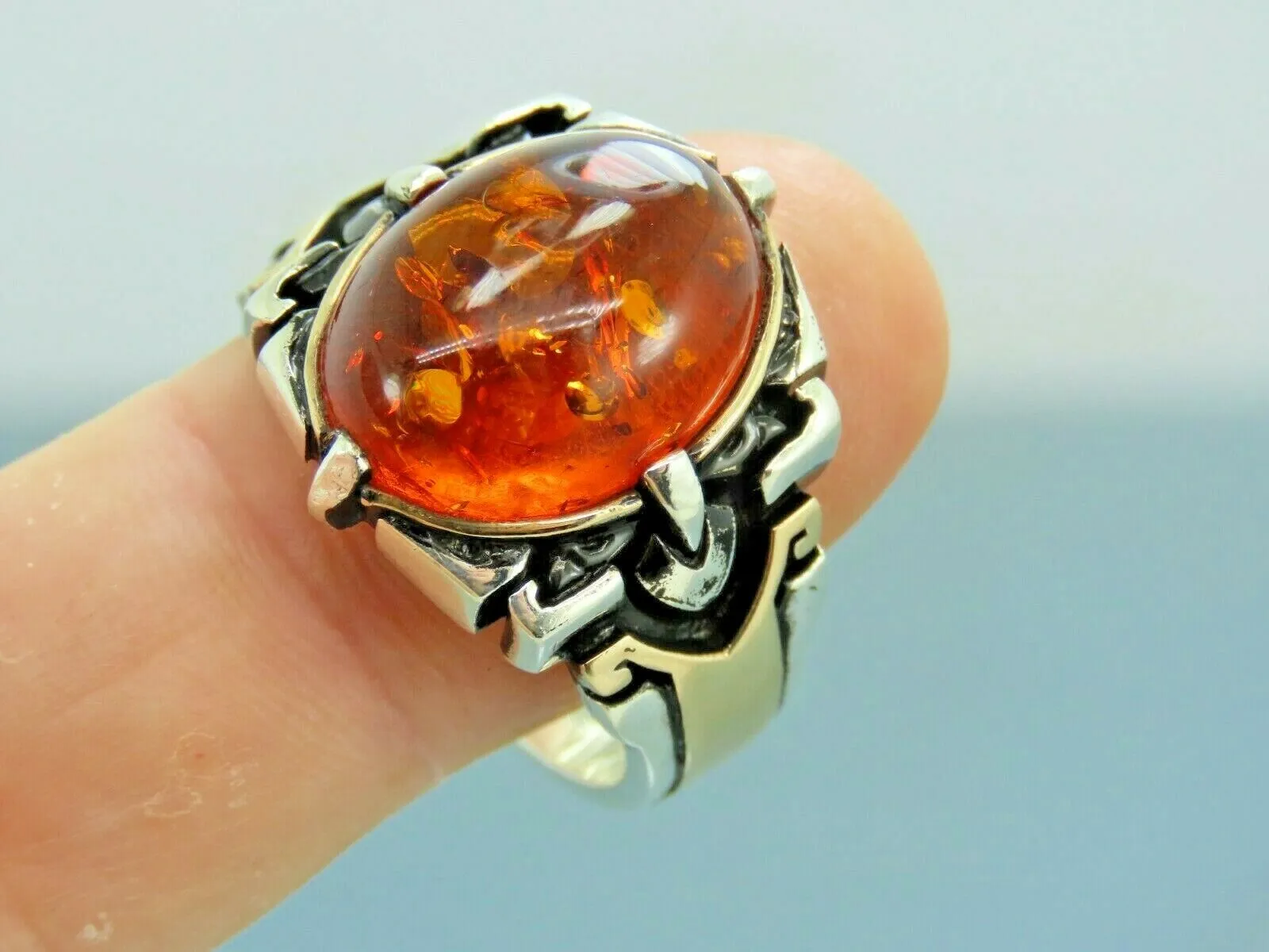 Turkish Handmade Jewelry 925 Sterling Silver Amber Stone Mens Rings