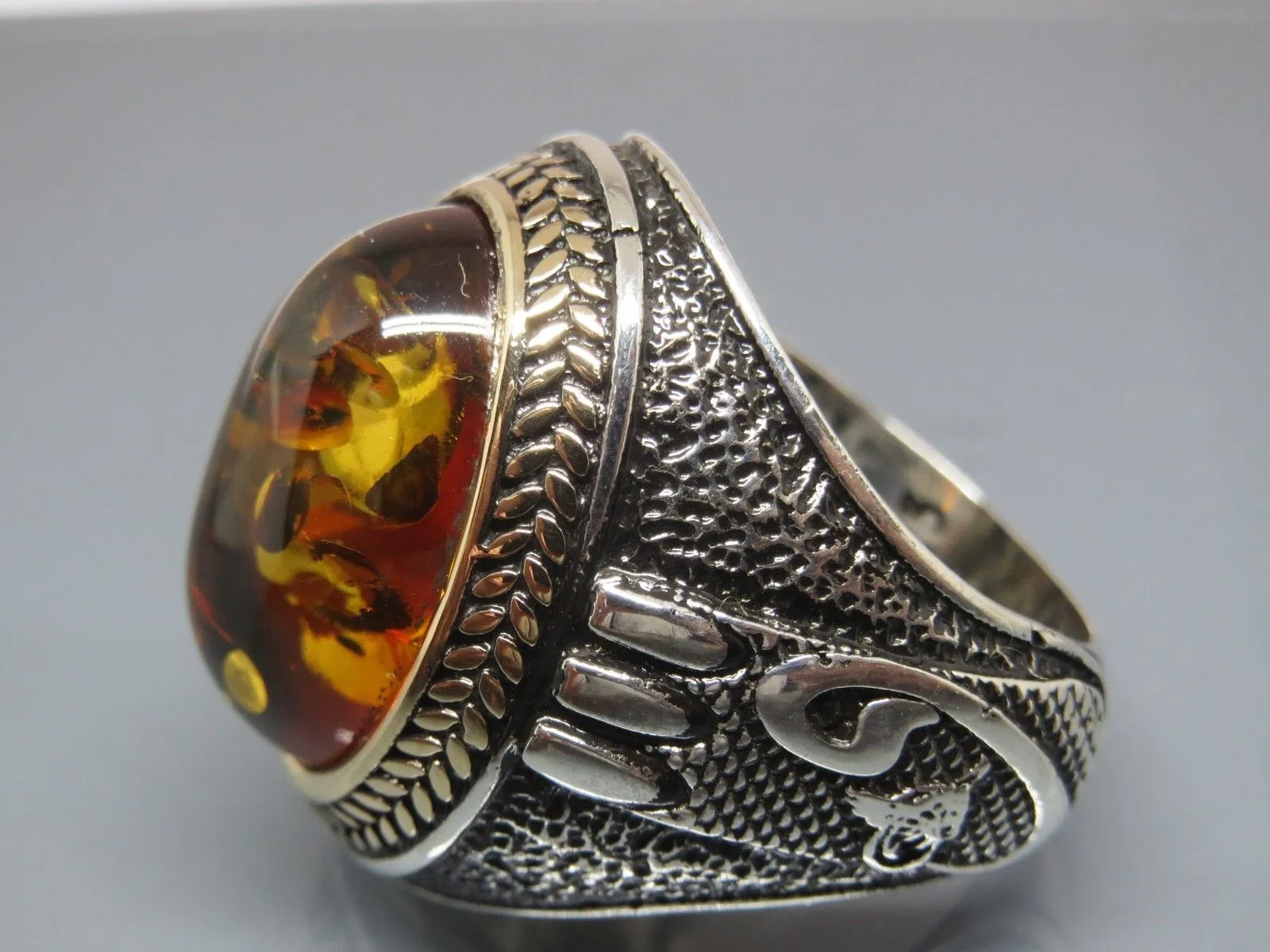 Turkish Handmade Jewelry 925 Sterling Silver Amber Stone Mens Rings