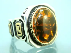 Turkish Handmade Jewelry 925 Sterling Silver Amber Stone Mens Rings