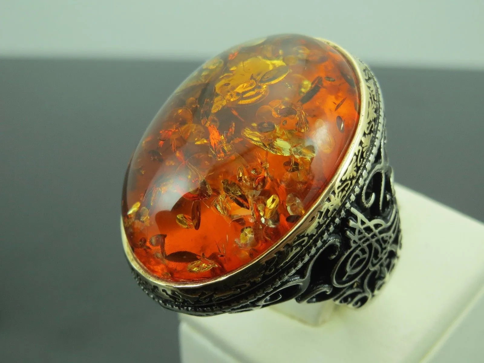Turkish Handmade Jewelry 925 Sterling Silver Amber Stone Mens Rings
