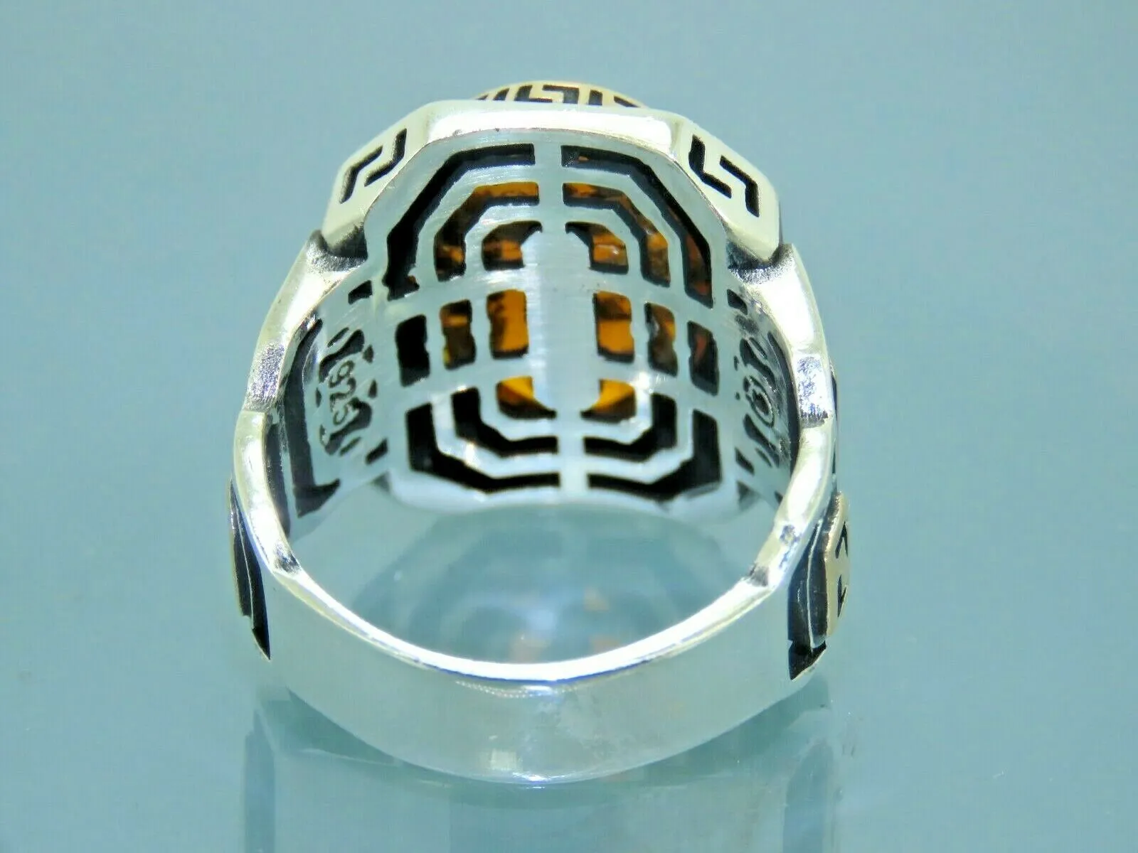Turkish Handmade Jewelry 925 Sterling Silver Amber Stone Mens Rings