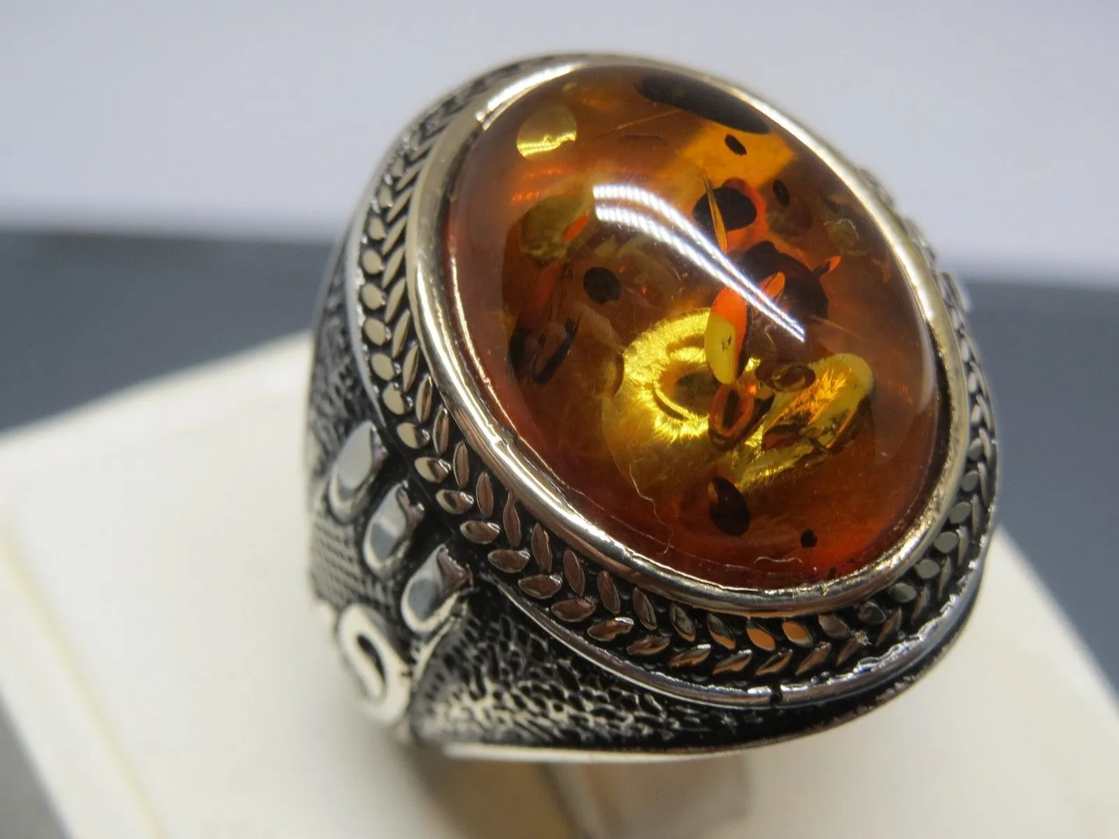 Turkish Handmade Jewelry 925 Sterling Silver Amber Stone Mens Rings