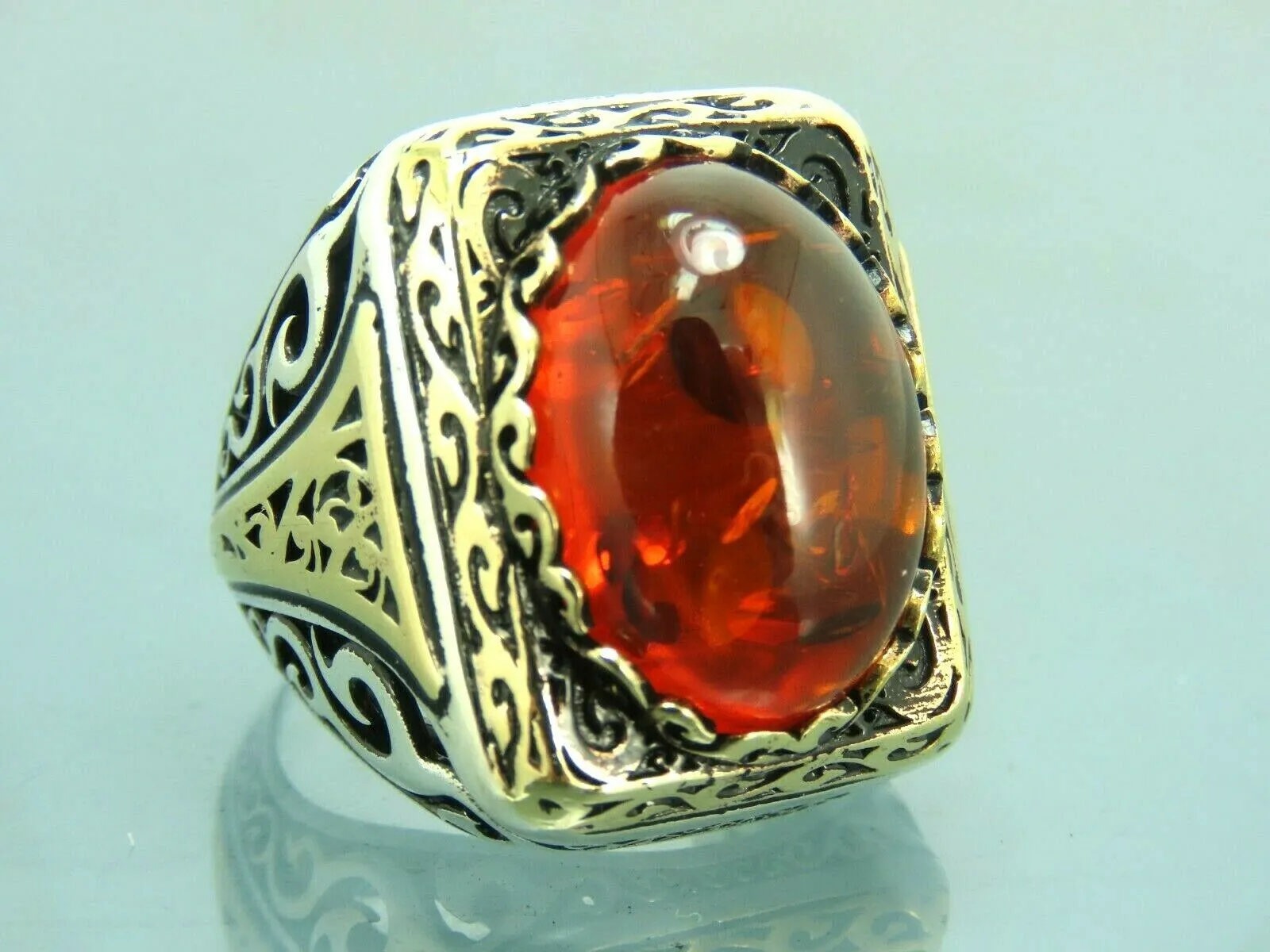 Turkish Handmade Jewelry 925 Sterling Silver Amber Stone Mens Rings