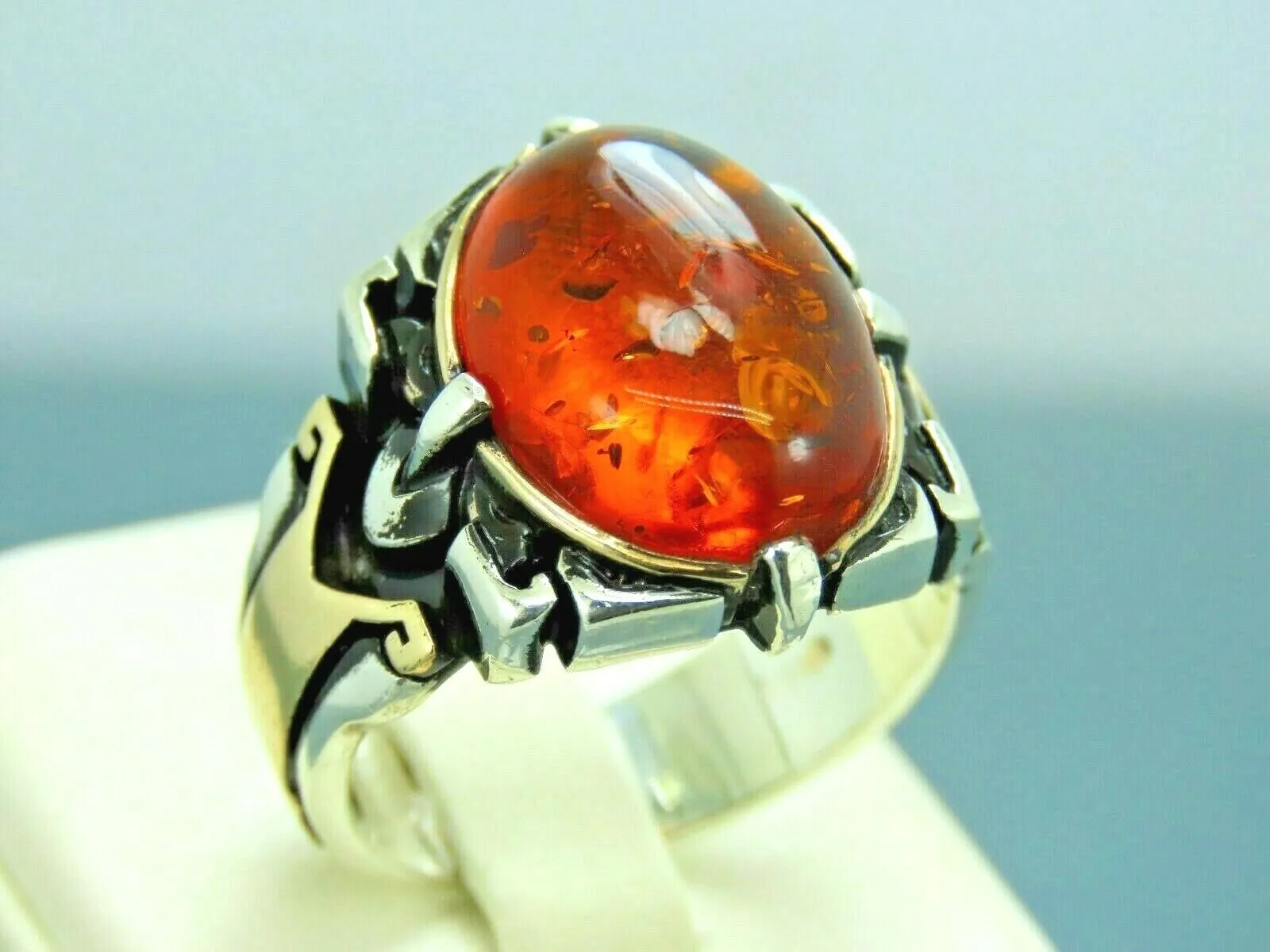 Turkish Handmade Jewelry 925 Sterling Silver Amber Stone Mens Rings