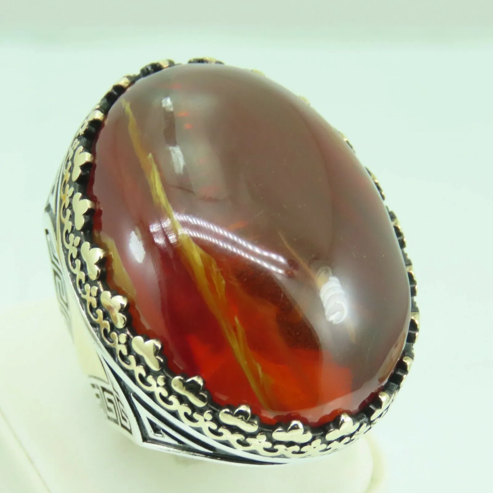 Turkish Handmade Jewelry 925 Sterling Silver Amber Stone Mens Rings