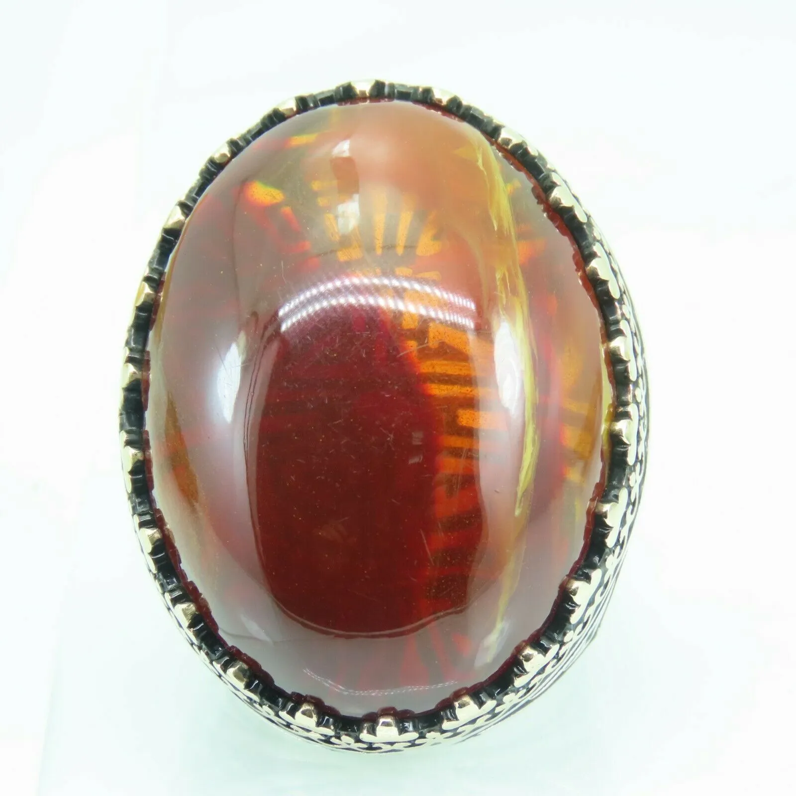 Turkish Handmade Jewelry 925 Sterling Silver Amber Stone Mens Rings