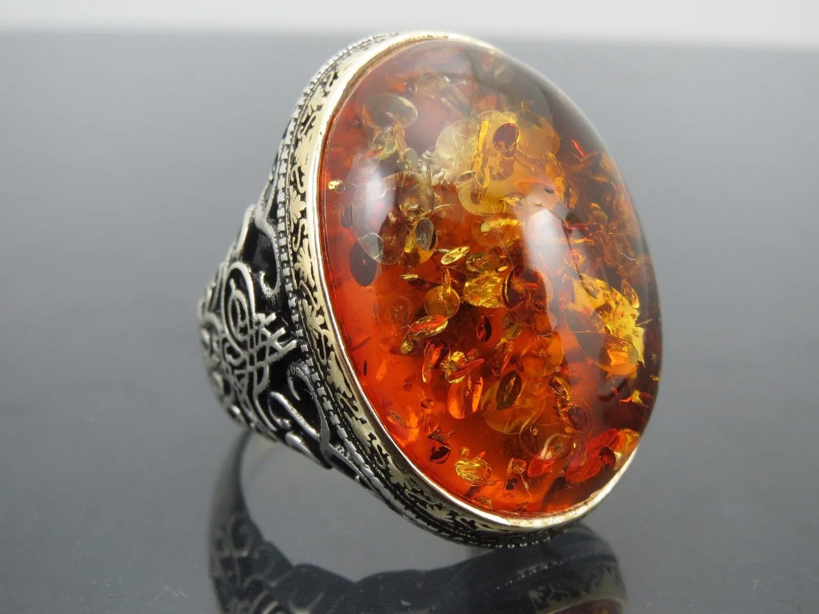 Turkish Handmade Jewelry 925 Sterling Silver Amber Stone Mens Rings