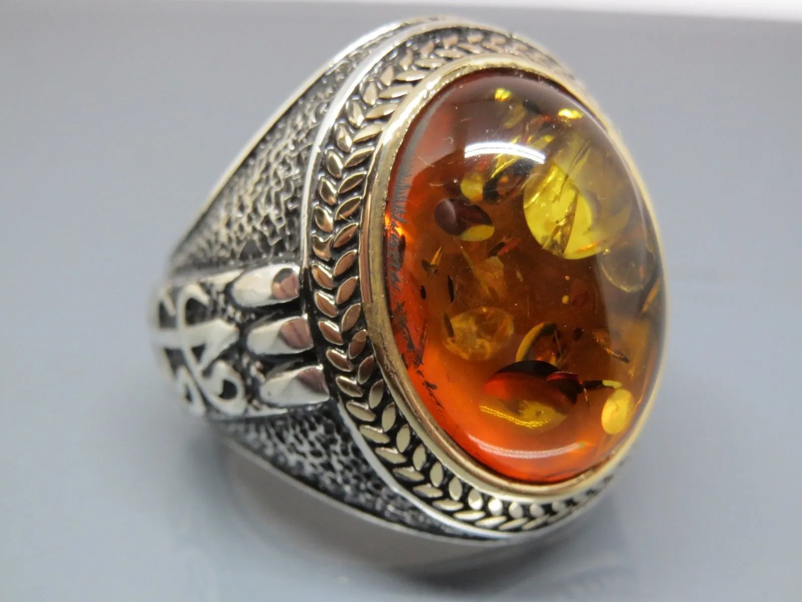 Turkish Handmade Jewelry 925 Sterling Silver Amber Stone Mens Rings