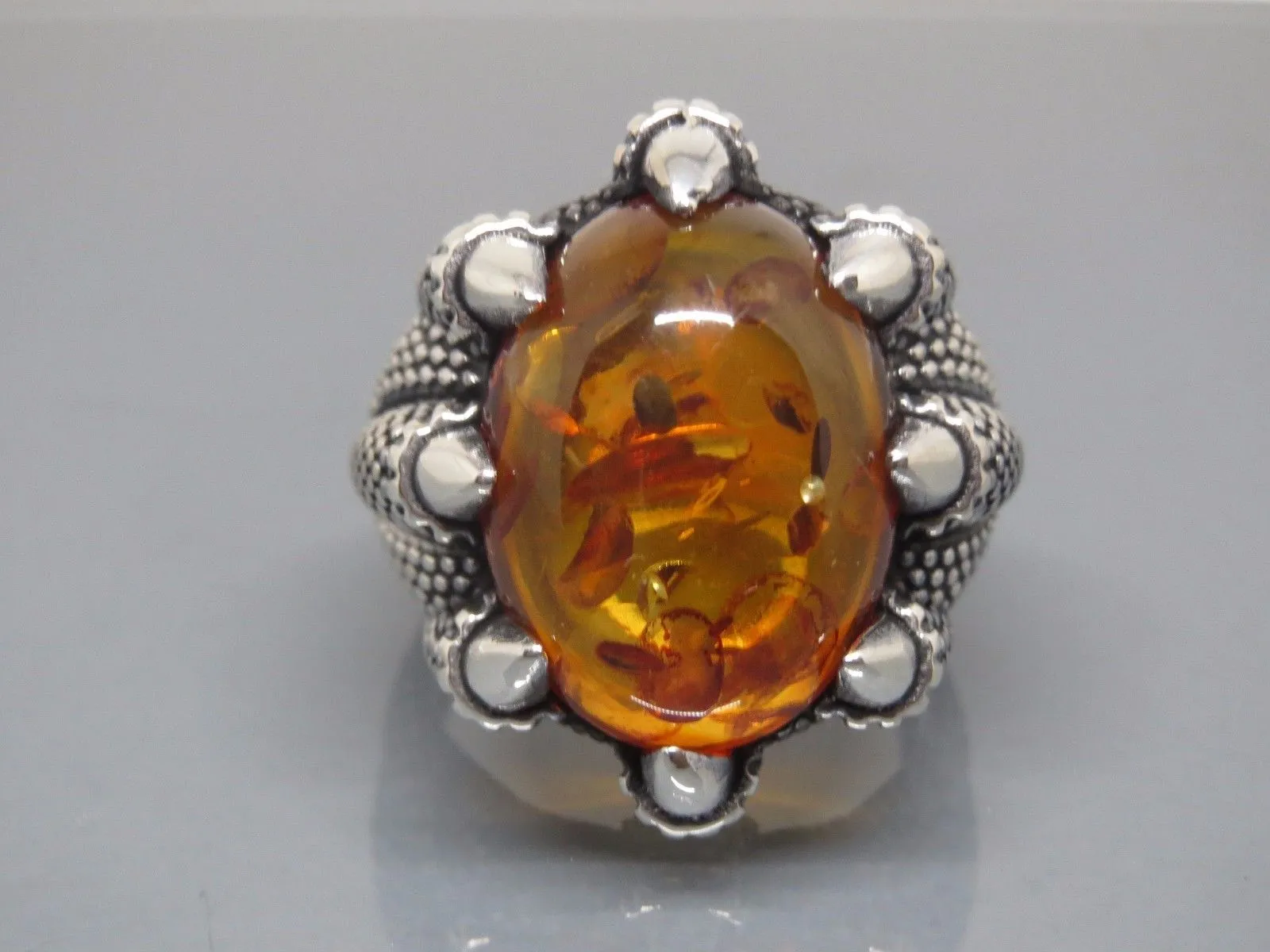 Turkish Handmade Jewelry 925 Sterling Silver Amber Stone Mens Rings
