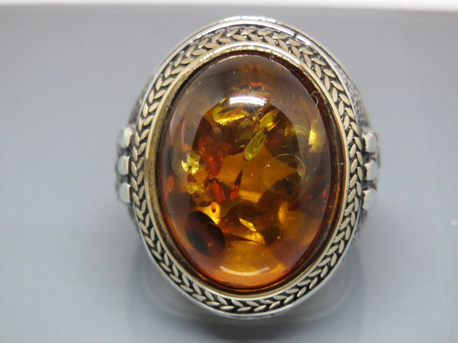 Turkish Handmade Jewelry 925 Sterling Silver Amber Stone Mens Rings