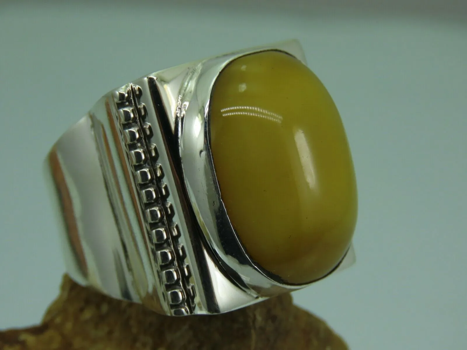 Turkish Handmade Jewelry 925 Sterling Silver Amber Stone Mens Rings