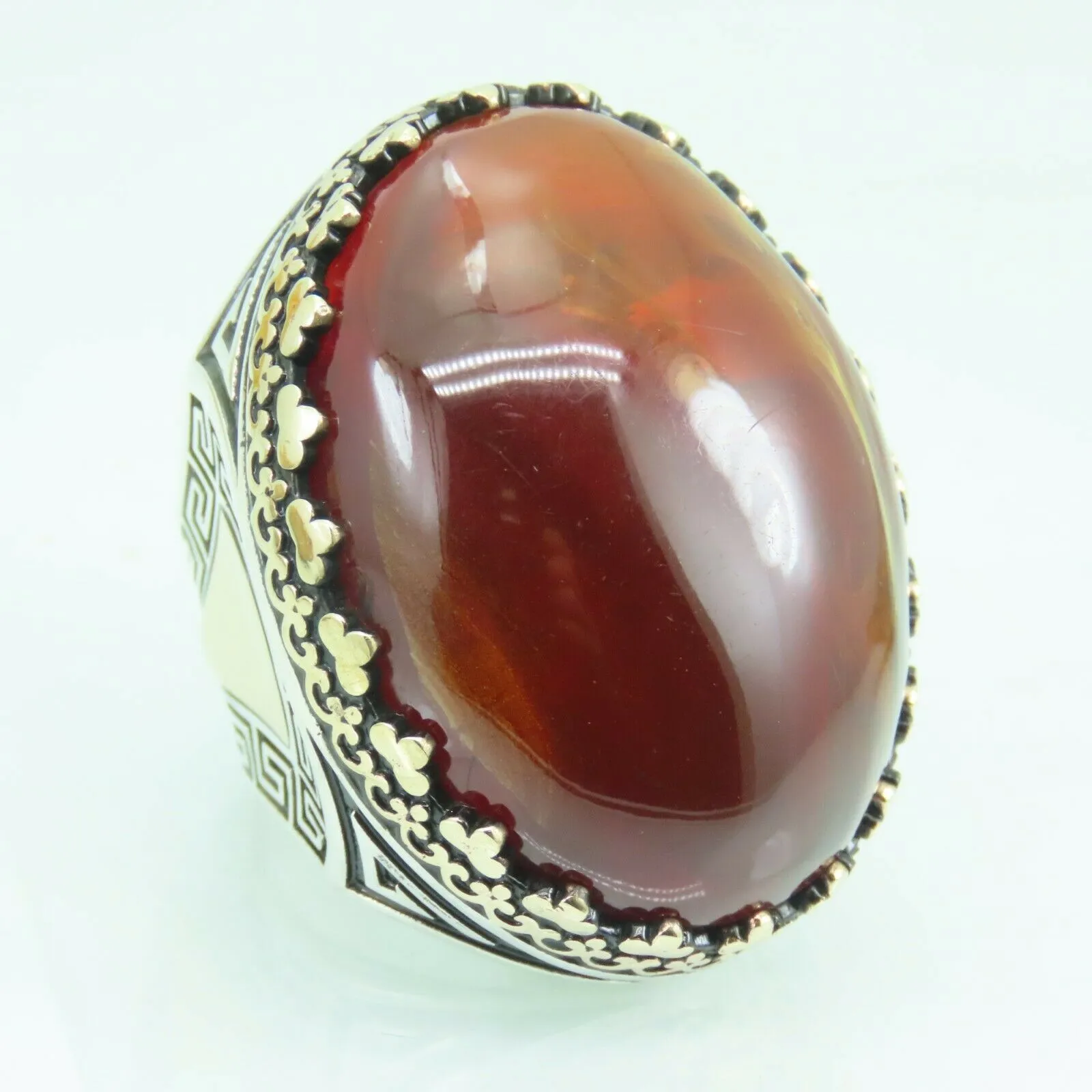 Turkish Handmade Jewelry 925 Sterling Silver Amber Stone Mens Rings