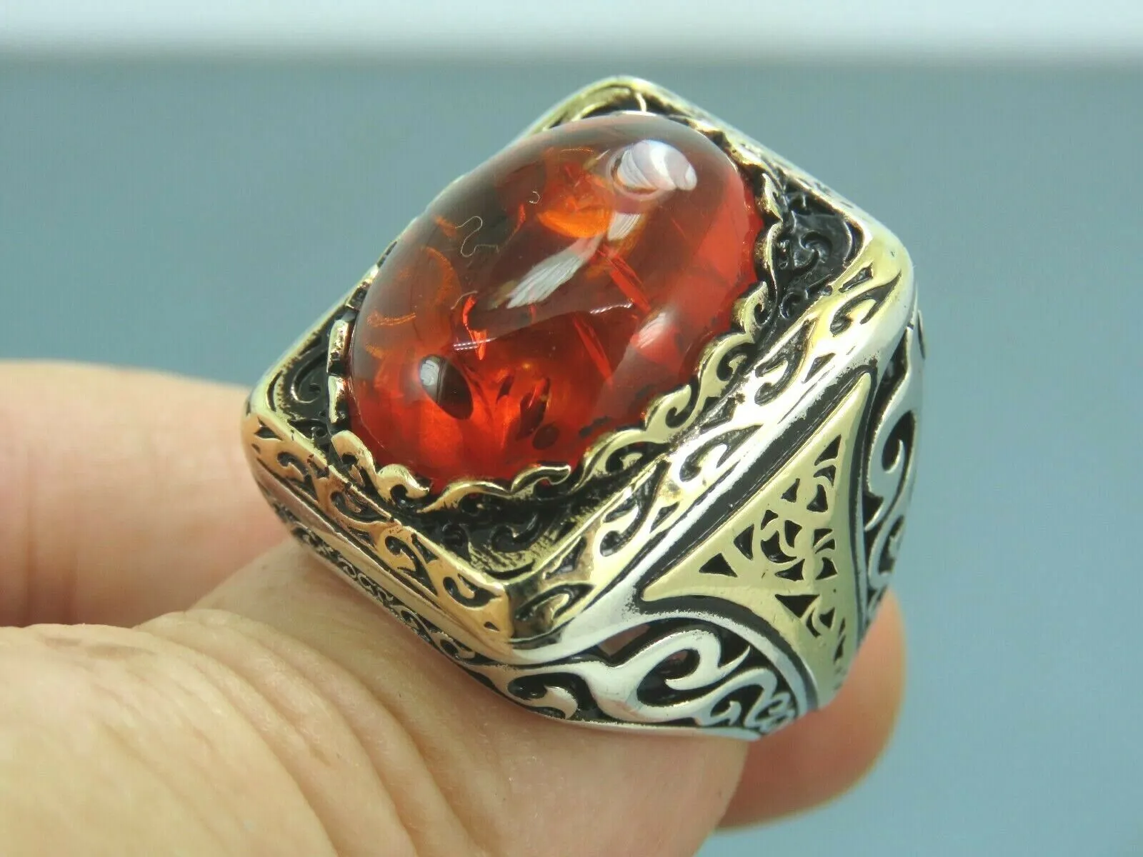 Turkish Handmade Jewelry 925 Sterling Silver Amber Stone Mens Rings