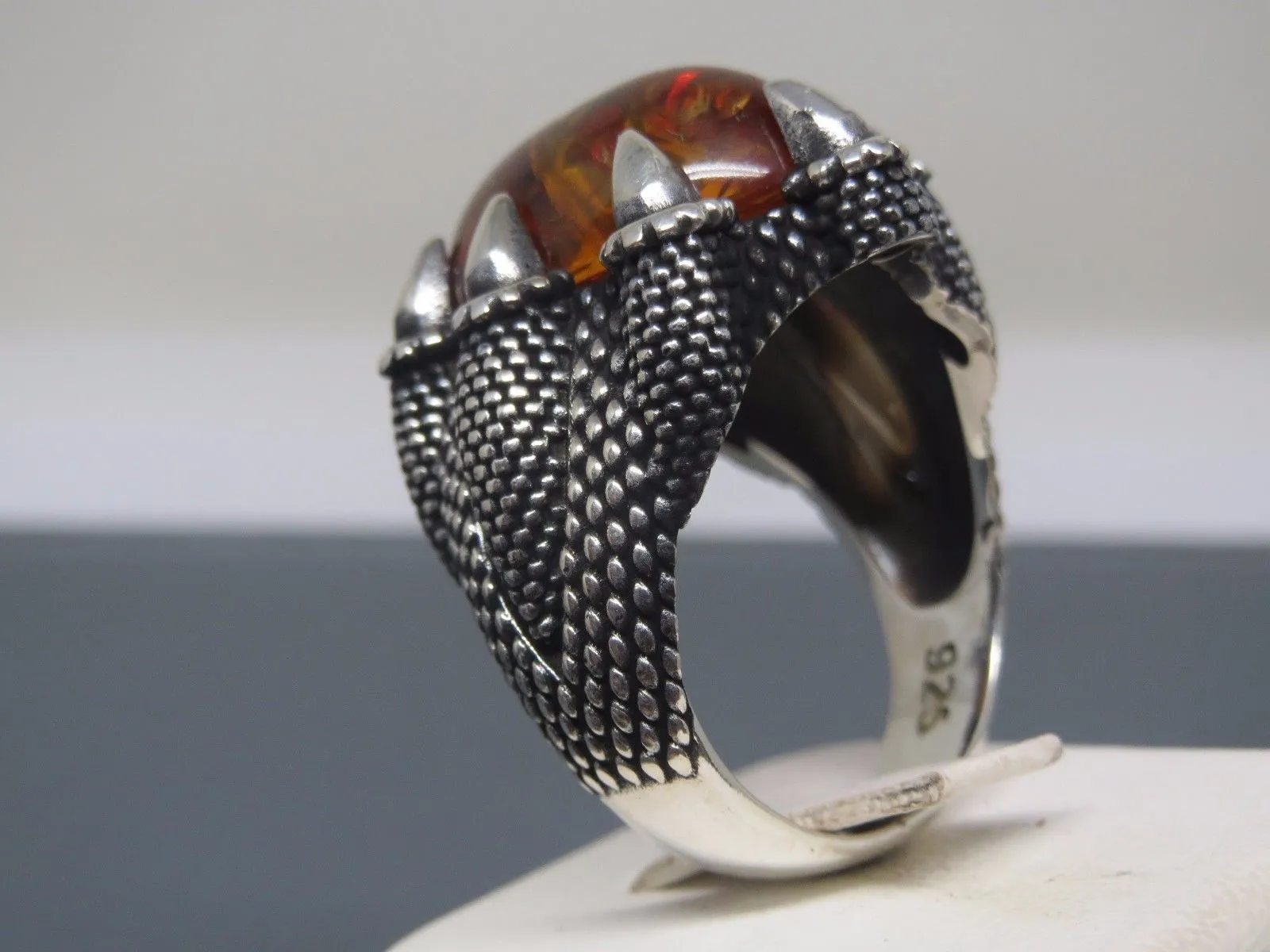Turkish Handmade Jewelry 925 Sterling Silver Amber Stone Mens Rings