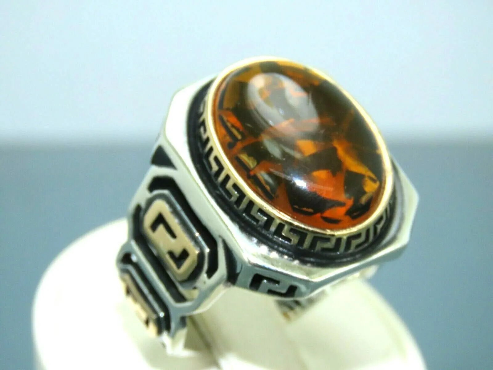 Turkish Handmade Jewelry 925 Sterling Silver Amber Stone Mens Rings