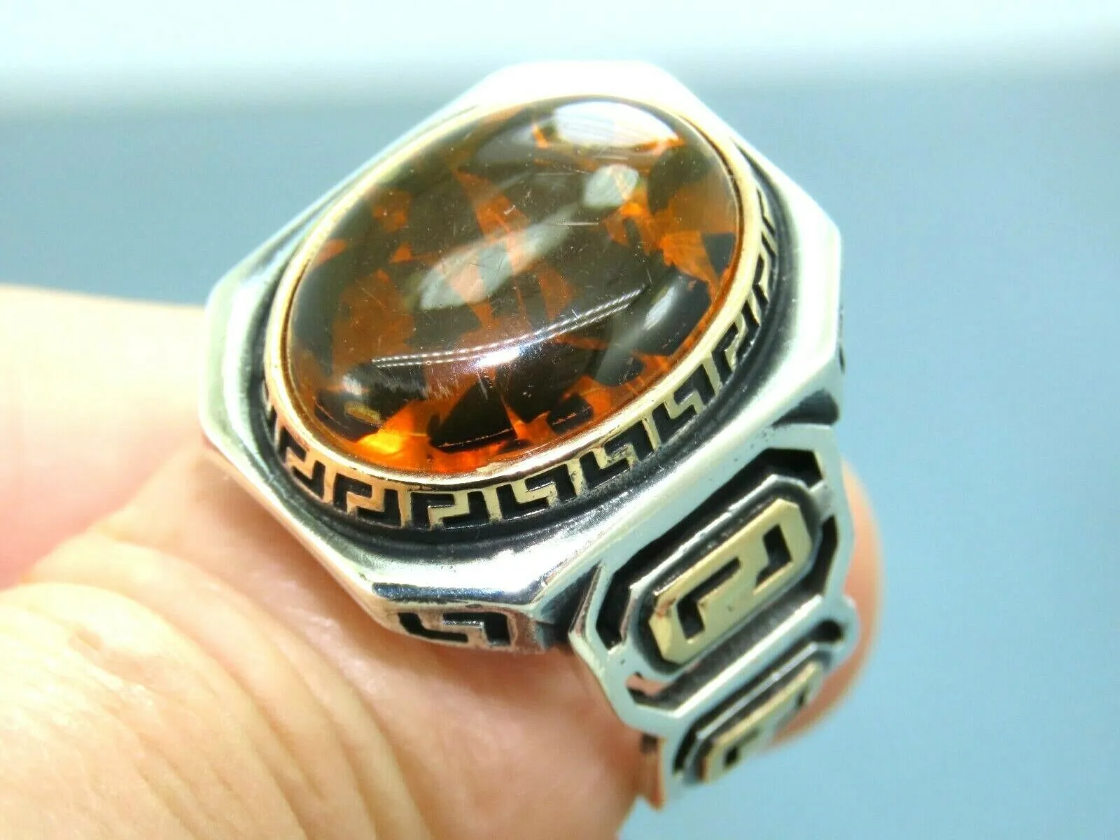 Turkish Handmade Jewelry 925 Sterling Silver Amber Stone Mens Rings