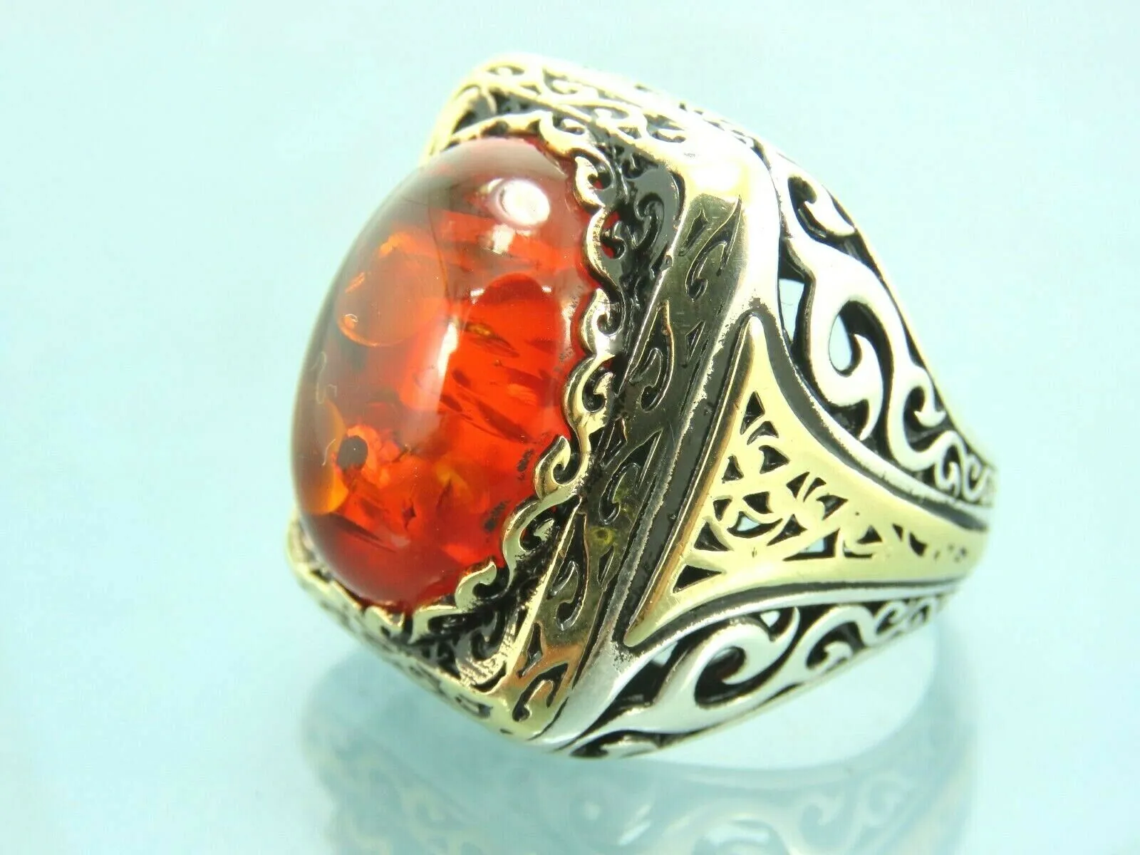 Turkish Handmade Jewelry 925 Sterling Silver Amber Stone Mens Rings