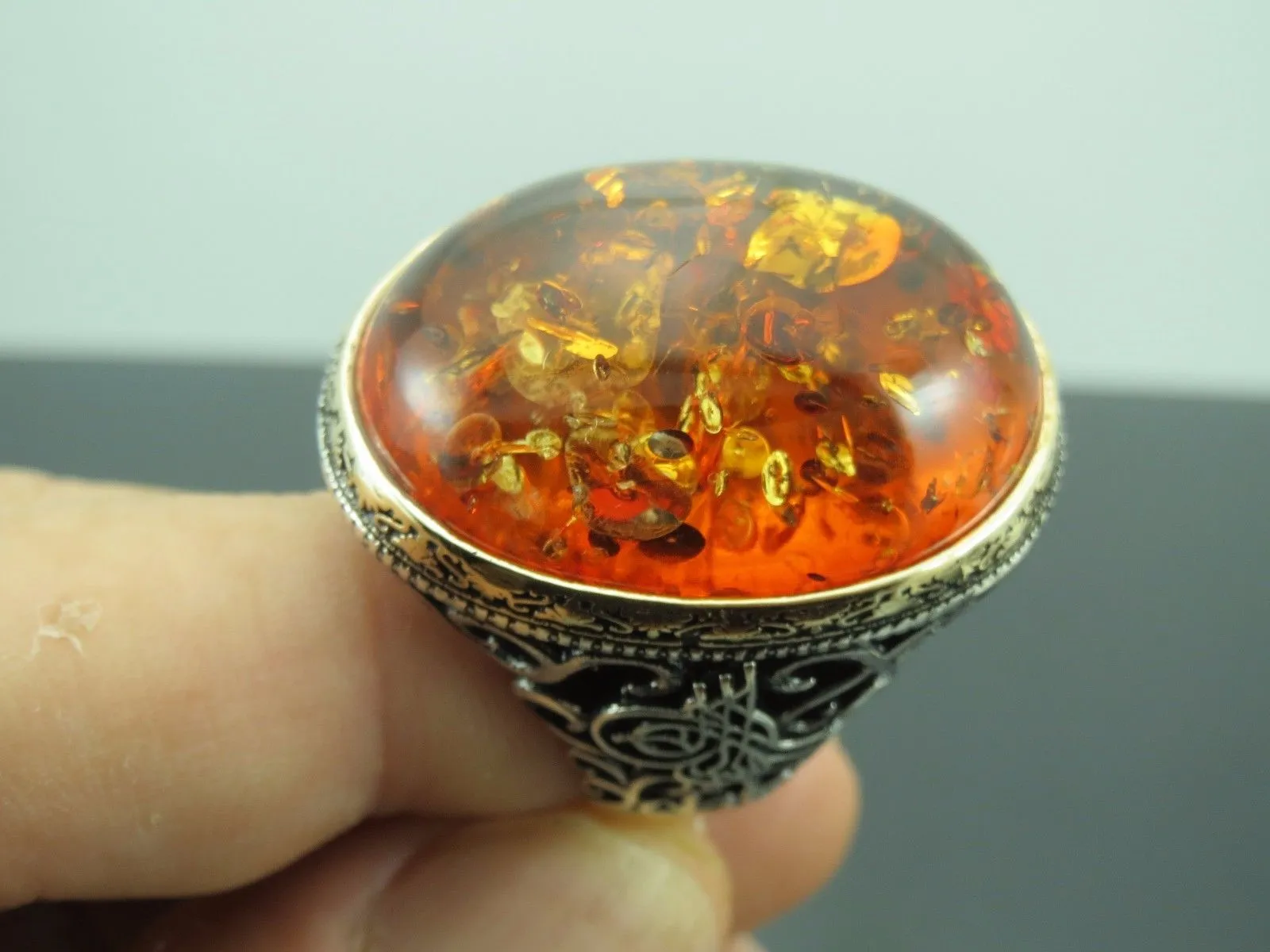 Turkish Handmade Jewelry 925 Sterling Silver Amber Stone Mens Rings