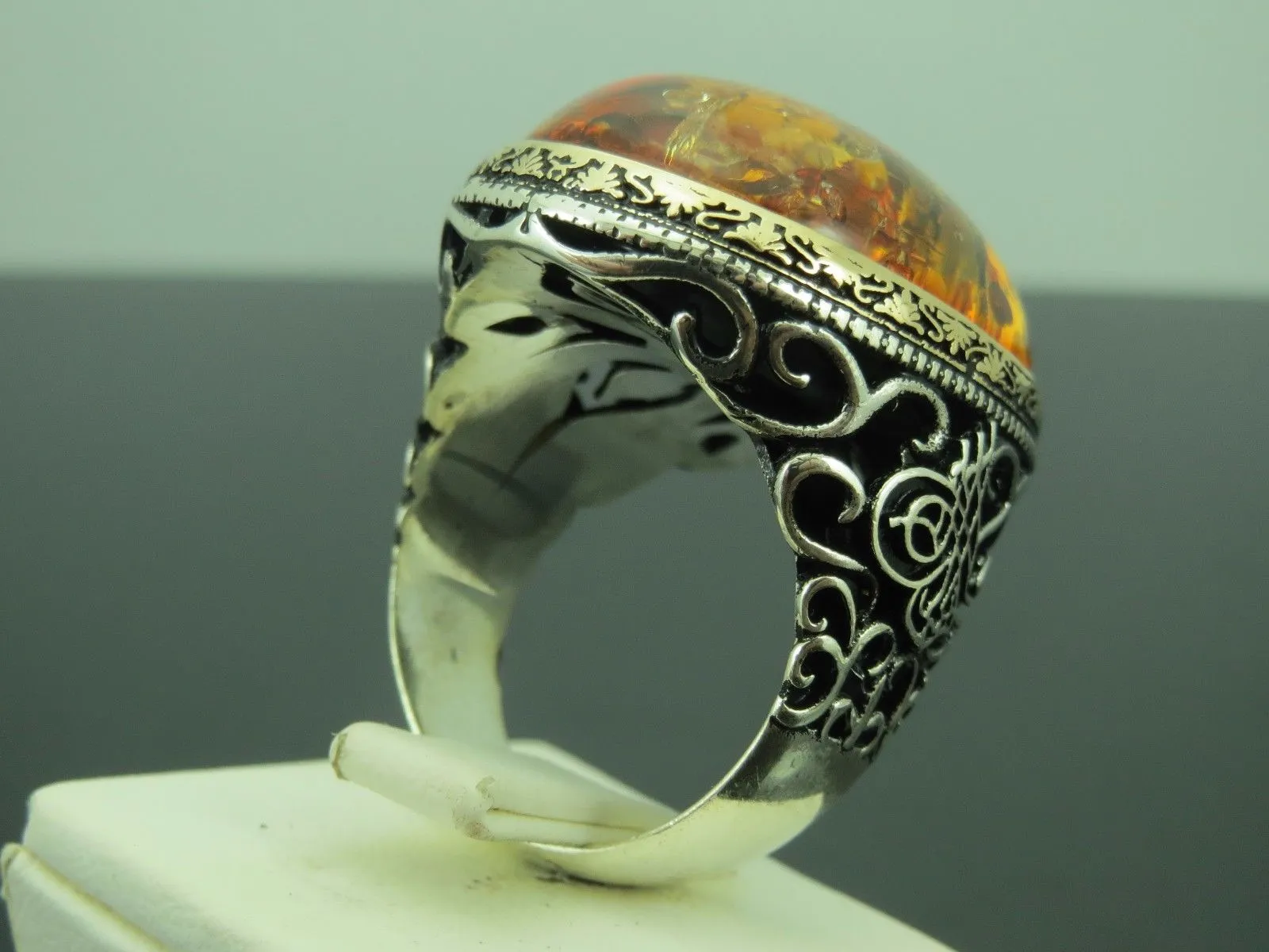 Turkish Handmade Jewelry 925 Sterling Silver Amber Stone Mens Rings