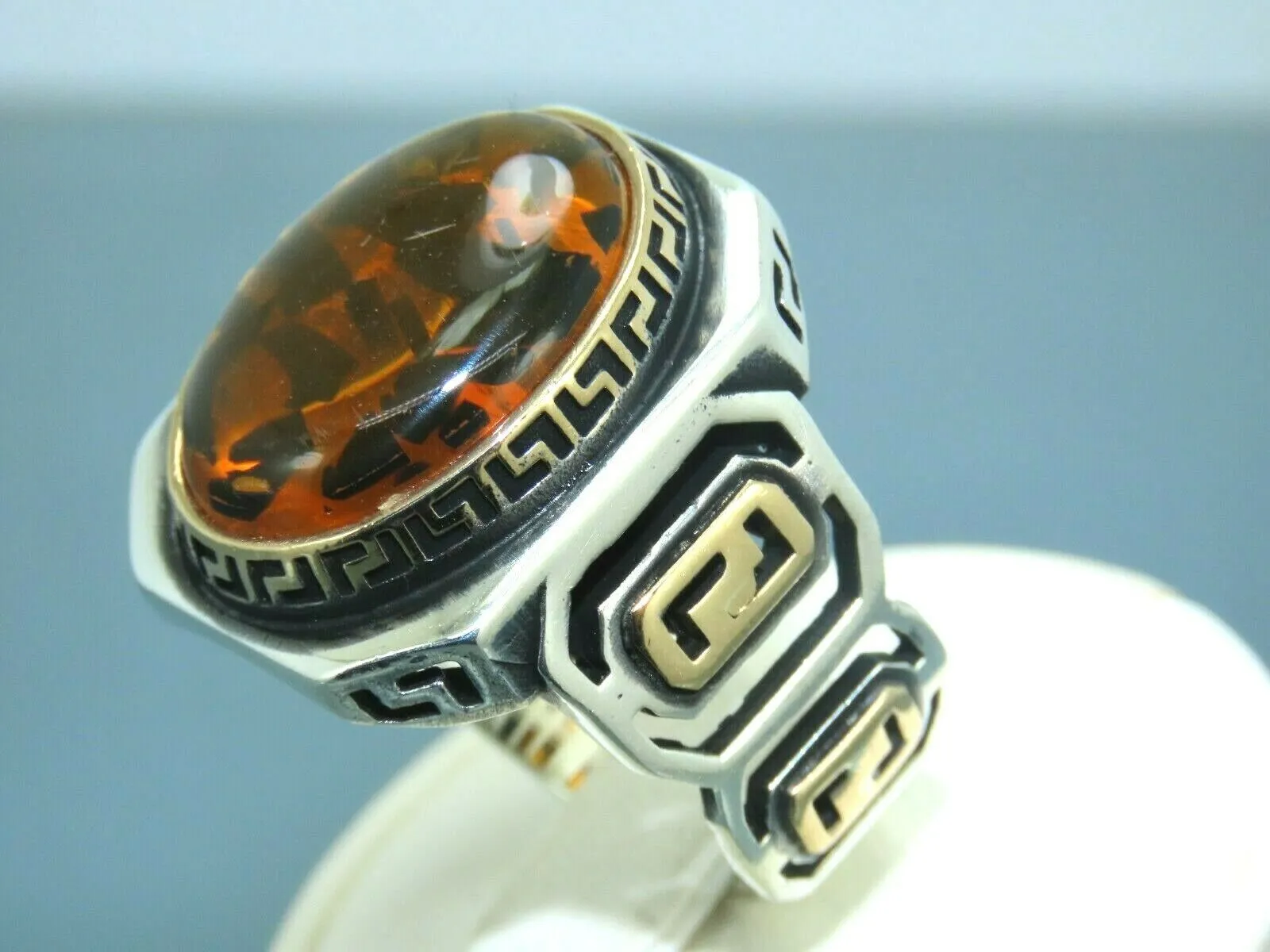 Turkish Handmade Jewelry 925 Sterling Silver Amber Stone Mens Rings