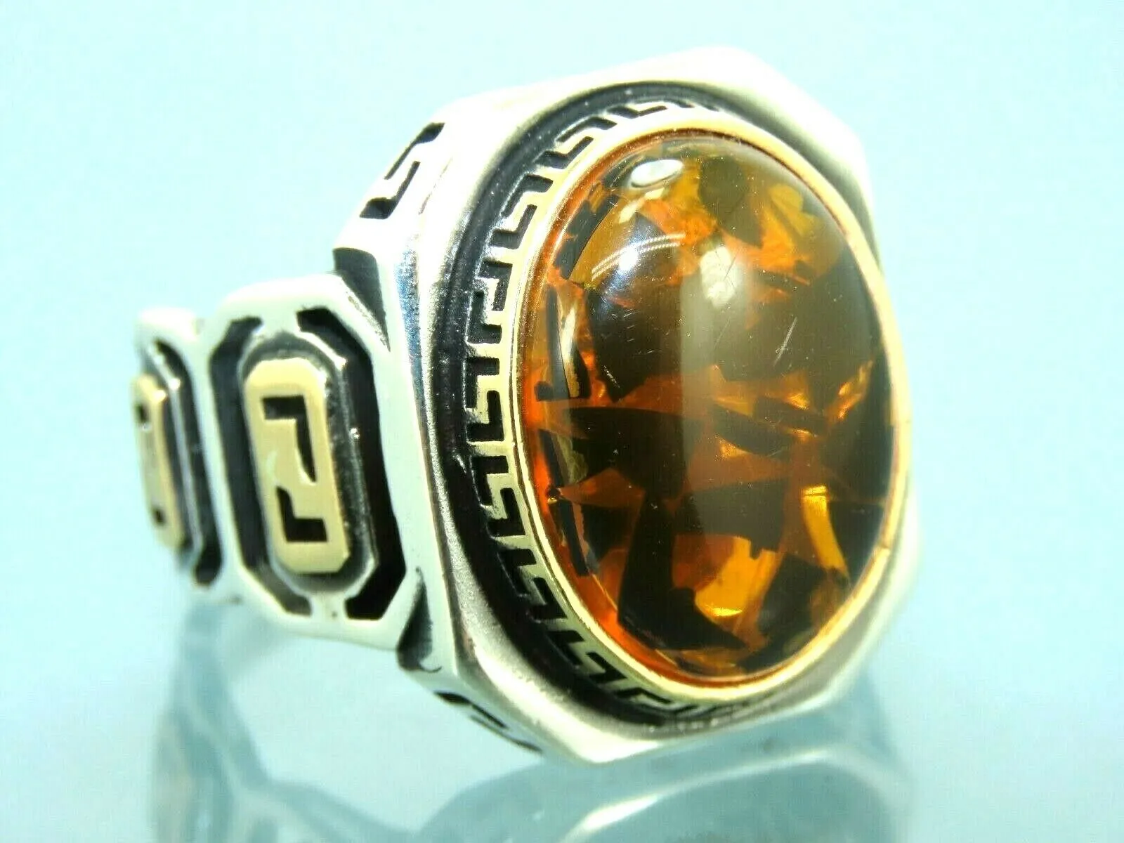 Turkish Handmade Jewelry 925 Sterling Silver Amber Stone Mens Rings