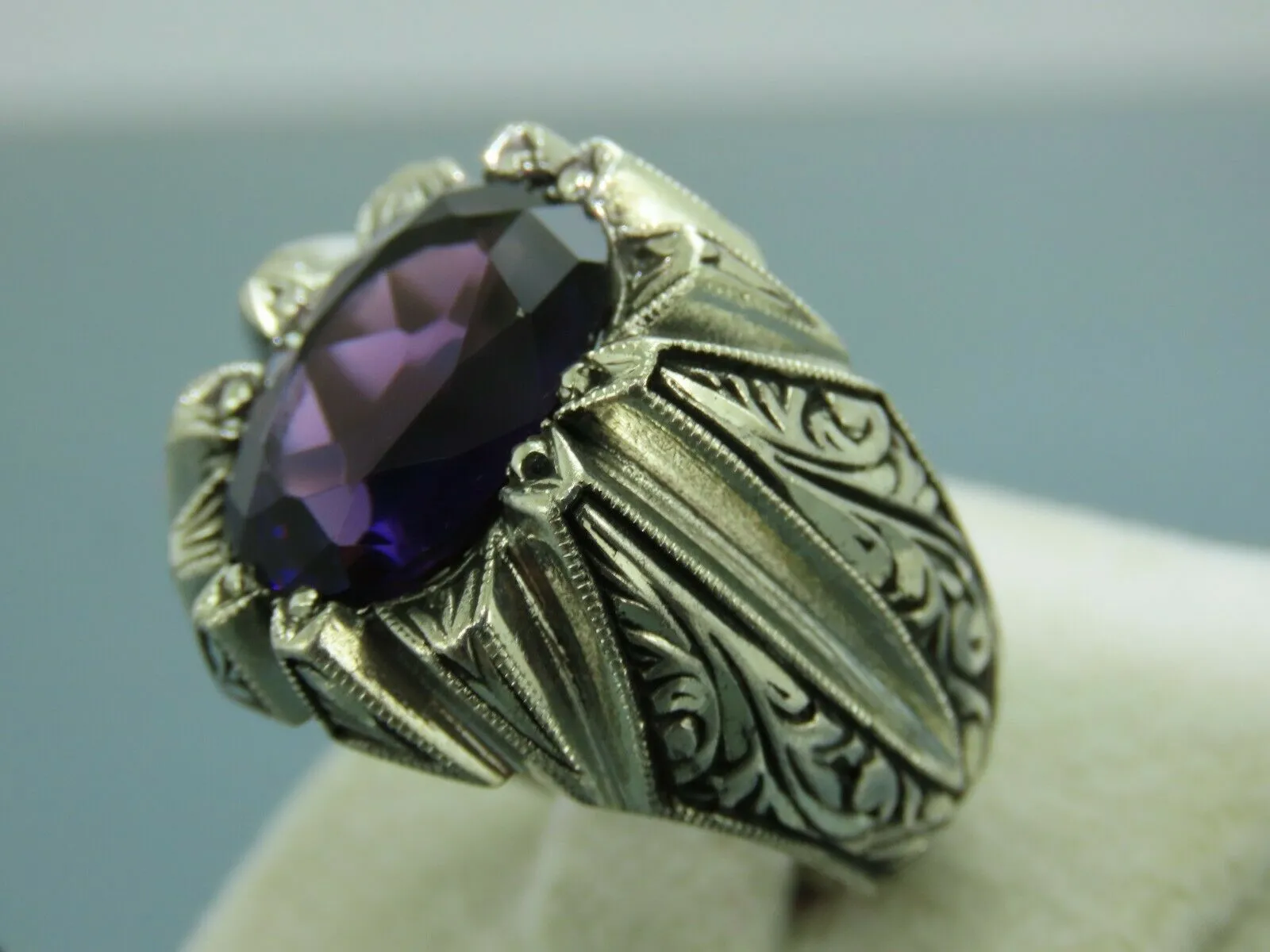 Turkish Handmade Jewelry 925 Sterling Silver Amethyst Stone Engraved Mens Rings