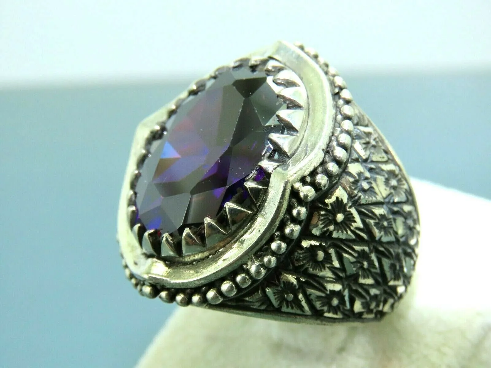 Turkish Handmade Jewelry 925 Sterling Silver Amethyst Stone Engraved Mens Rings