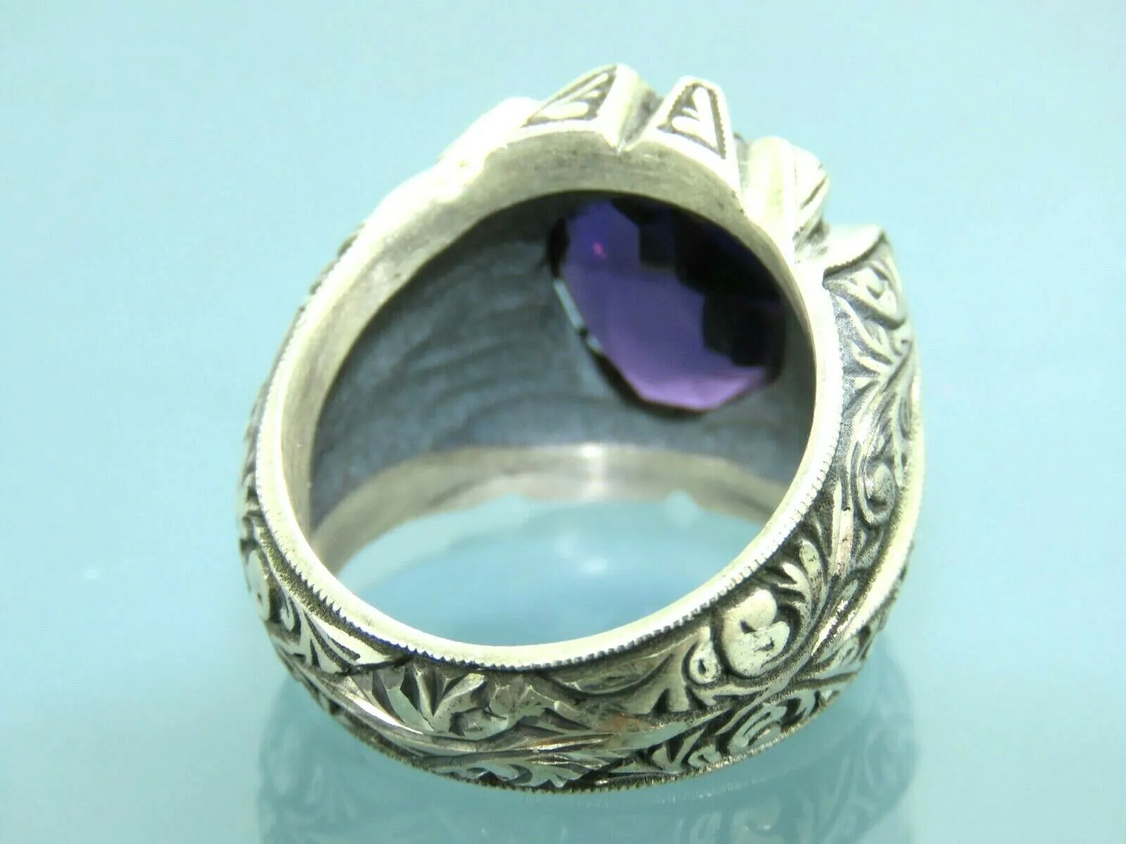 Turkish Handmade Jewelry 925 Sterling Silver Amethyst Stone Engraved Mens Rings