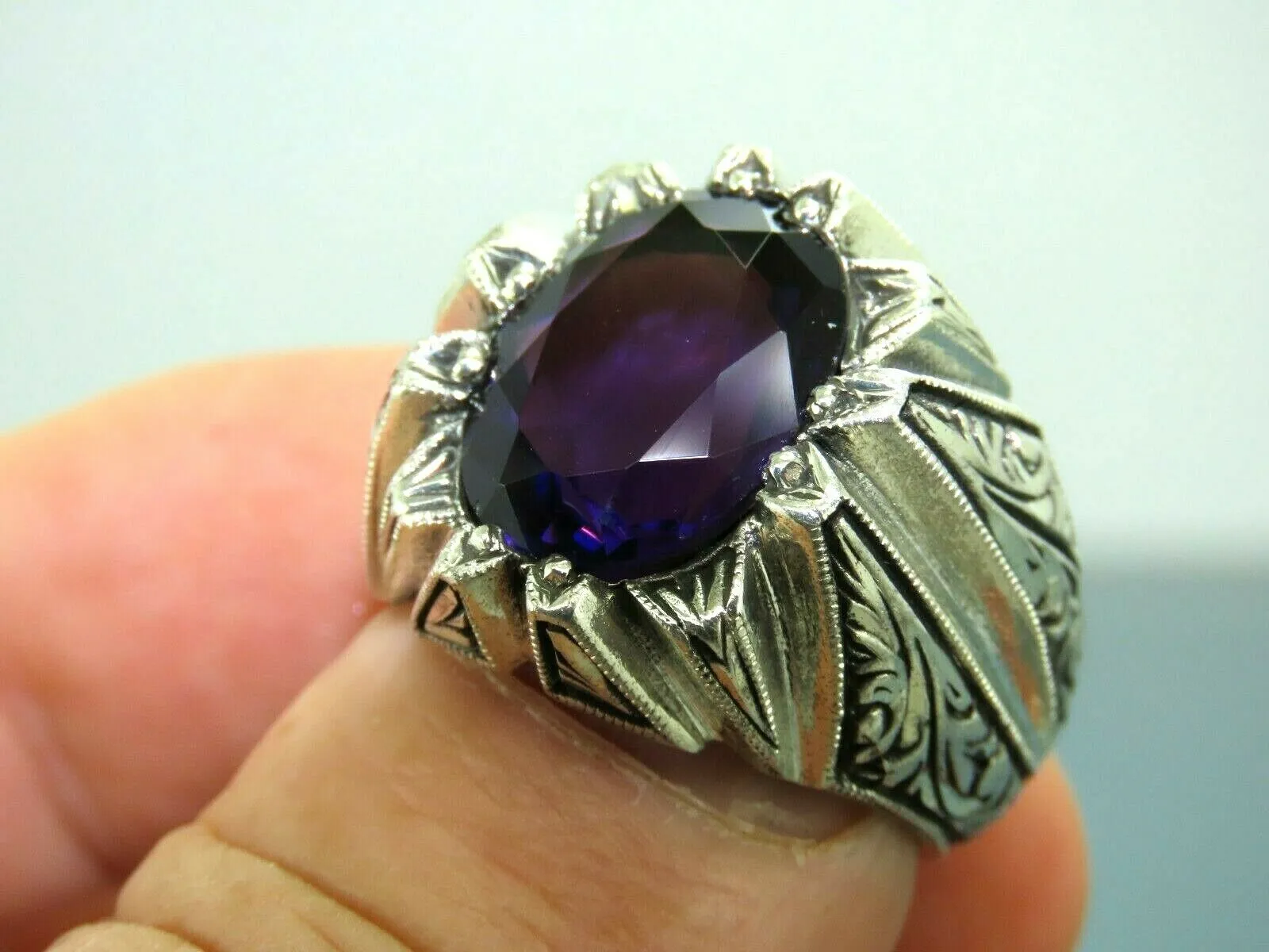 Turkish Handmade Jewelry 925 Sterling Silver Amethyst Stone Engraved Mens Rings