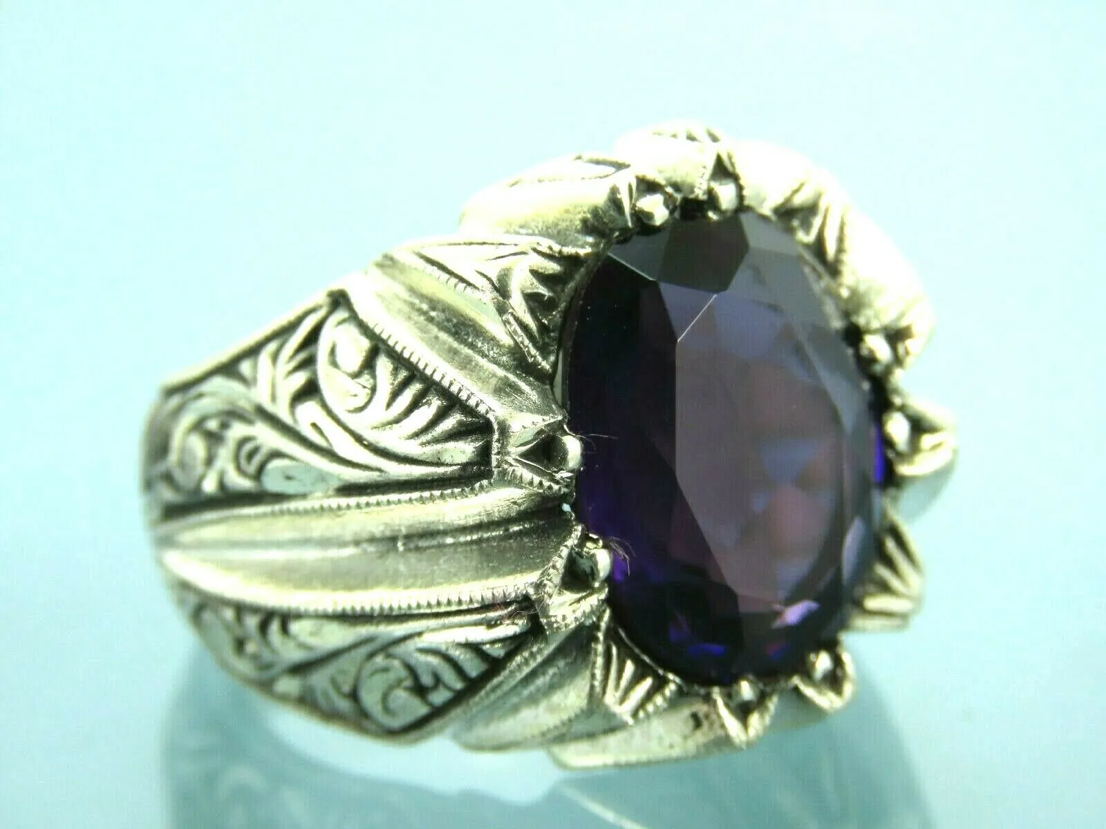 Turkish Handmade Jewelry 925 Sterling Silver Amethyst Stone Engraved Mens Rings