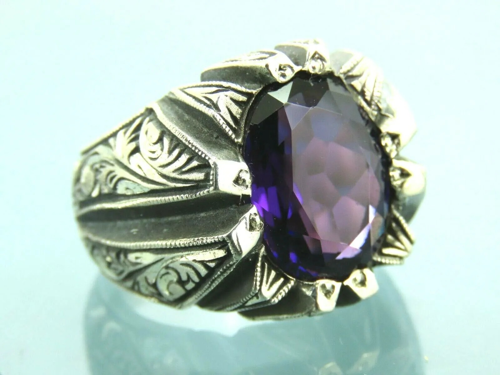 Turkish Handmade Jewelry 925 Sterling Silver Amethyst Stone Engraved Mens Rings
