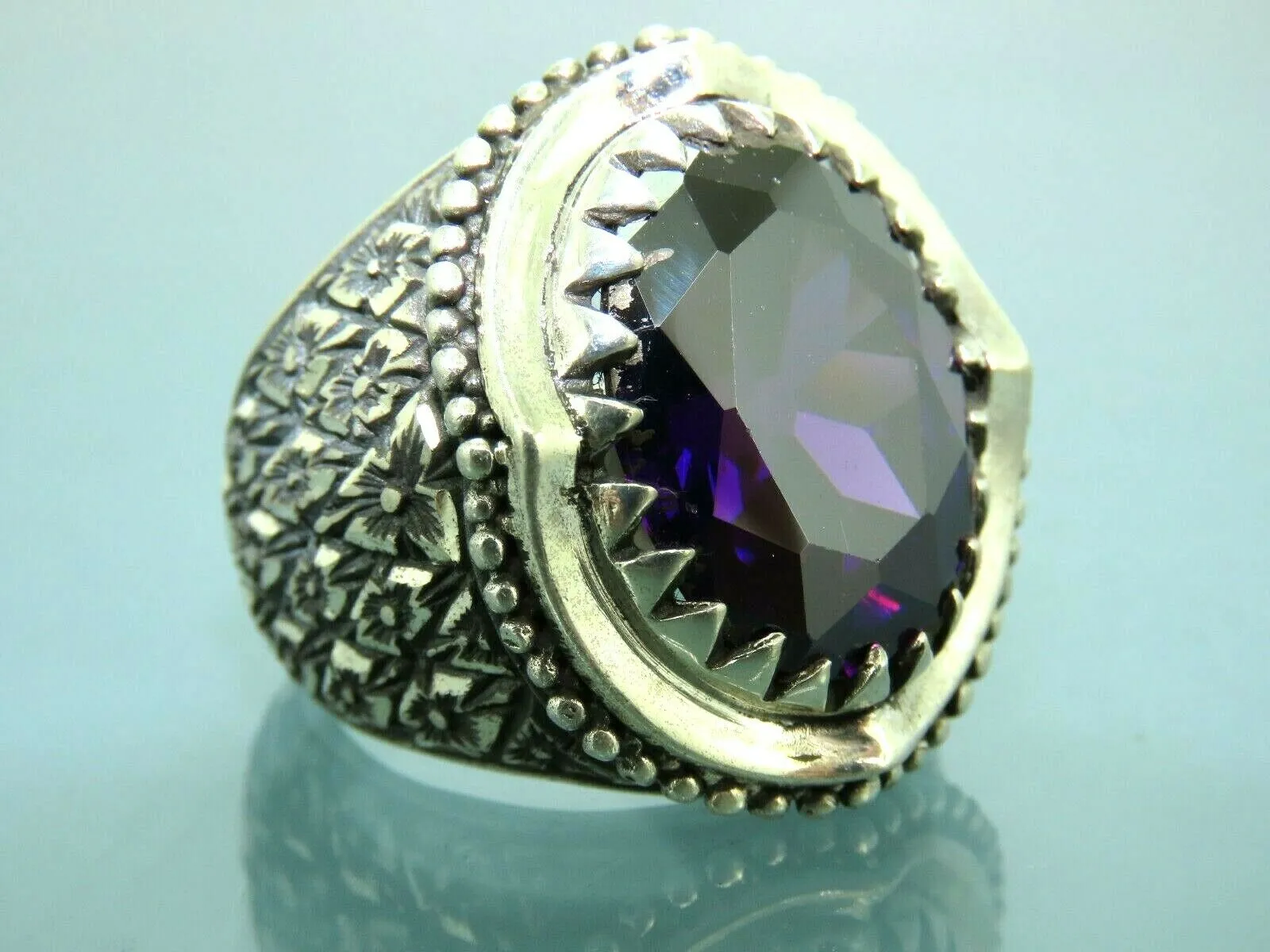 Turkish Handmade Jewelry 925 Sterling Silver Amethyst Stone Engraved Mens Rings