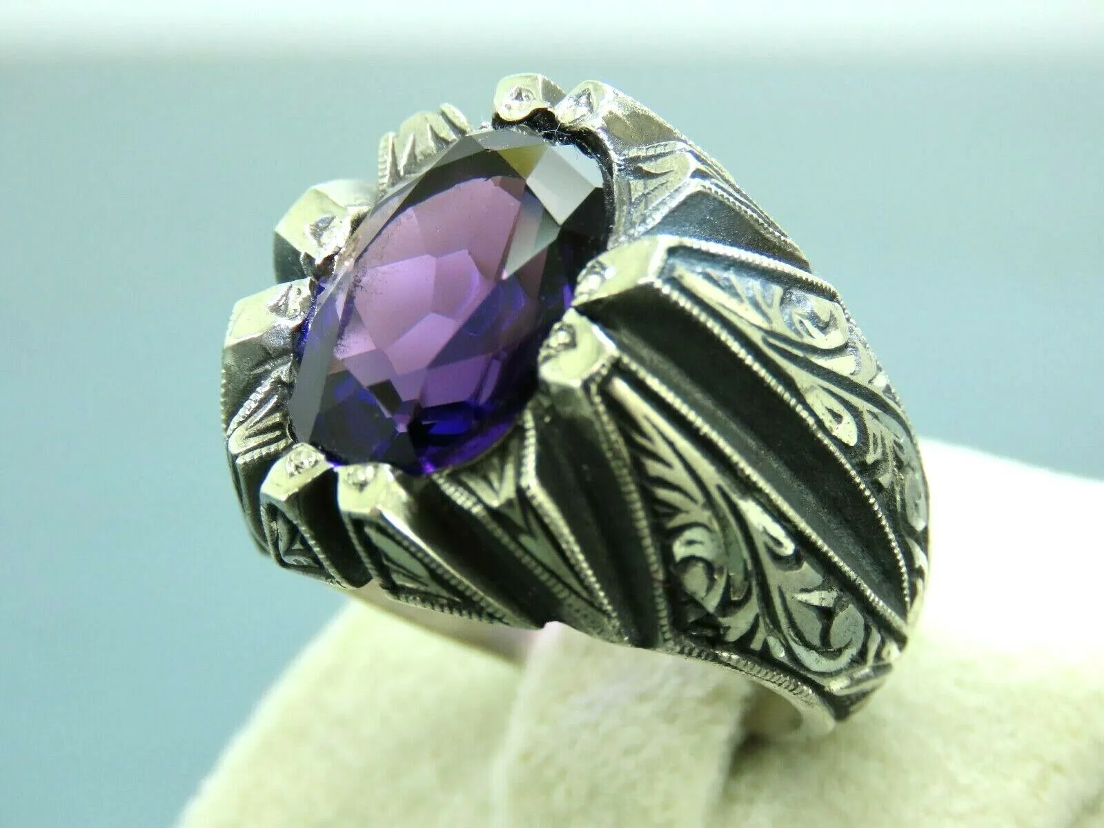Turkish Handmade Jewelry 925 Sterling Silver Amethyst Stone Engraved Mens Rings