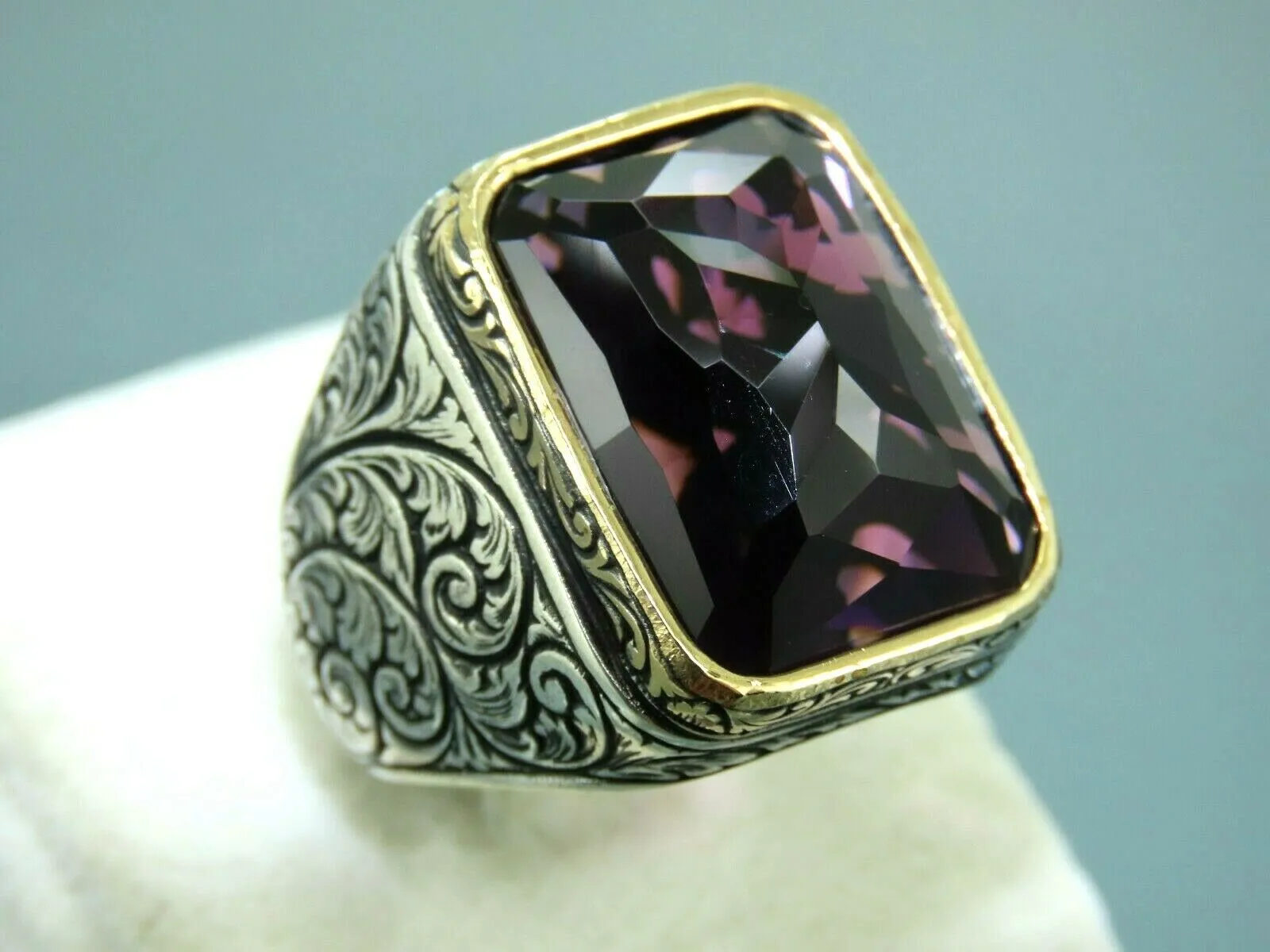 Turkish Handmade Jewelry 925 Sterling Silver Amethyst Stone Engraved Mens Rings