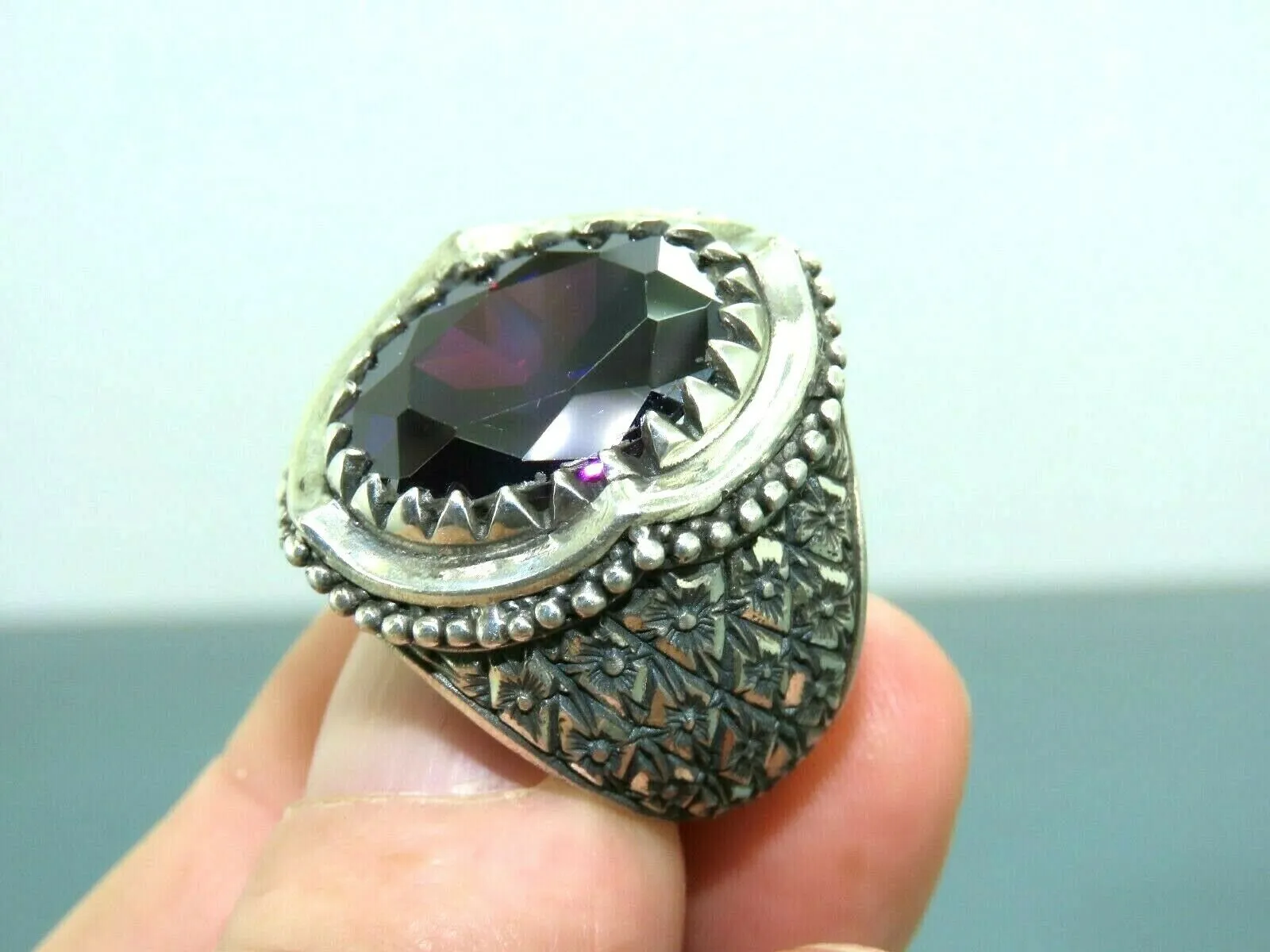 Turkish Handmade Jewelry 925 Sterling Silver Amethyst Stone Engraved Mens Rings