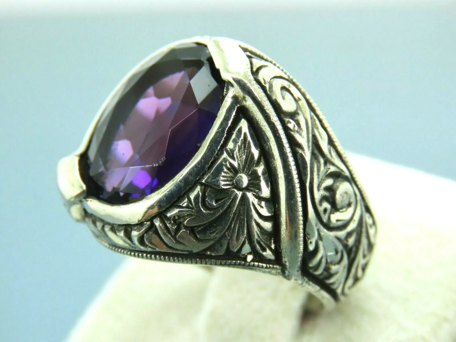 Turkish Handmade Jewelry 925 Sterling Silver Amethyst Stone Engraved Mens Rings